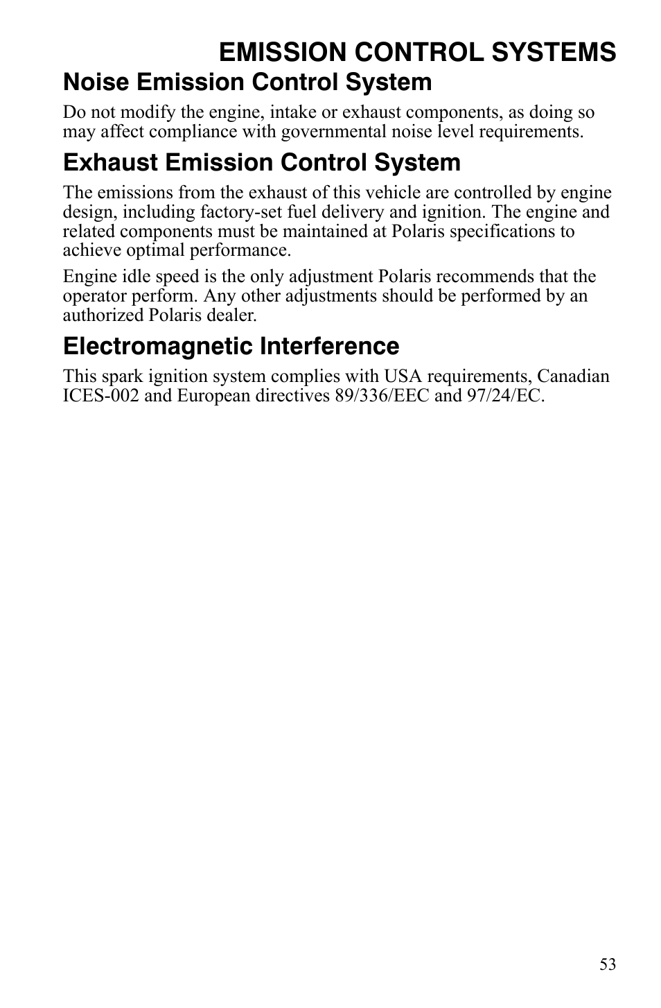 Emission control systems, Noise emission control system, Exhaust emission control system | Electromagnetic interference | Polaris Hawkeye 9921770 User Manual | Page 55 / 124