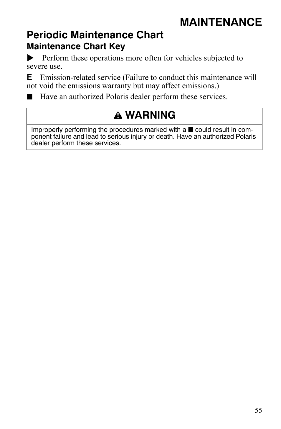 Maintenance, Periodic maintenance chart, Warning | Polaris Hawkeye 9921770 User Manual | Page 57 / 124