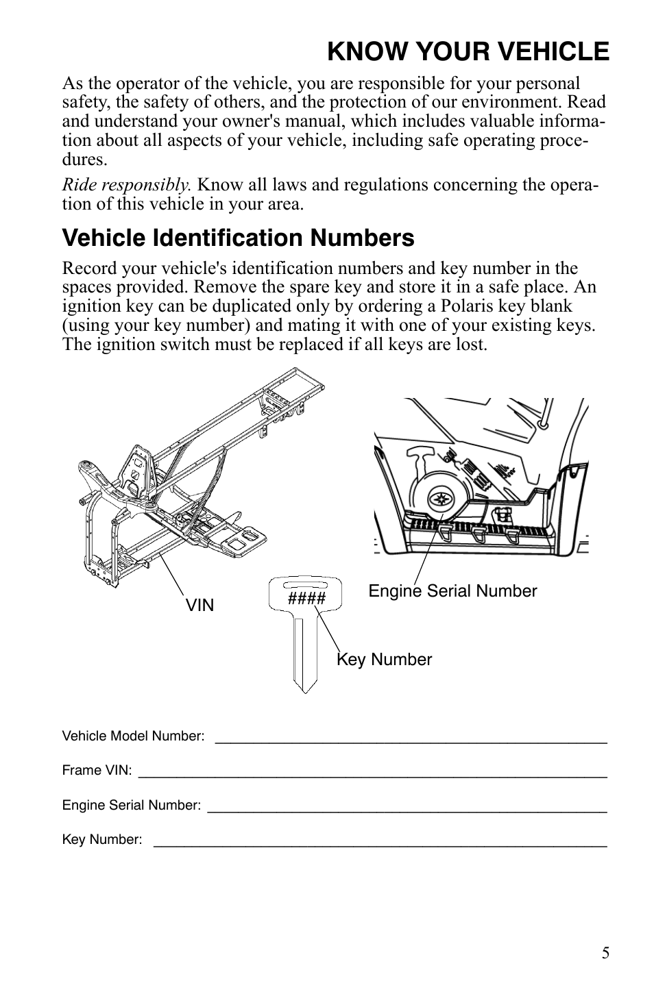 Know your vehicle, Vehicle identification numbers | Polaris Hawkeye 9921770 User Manual | Page 7 / 124