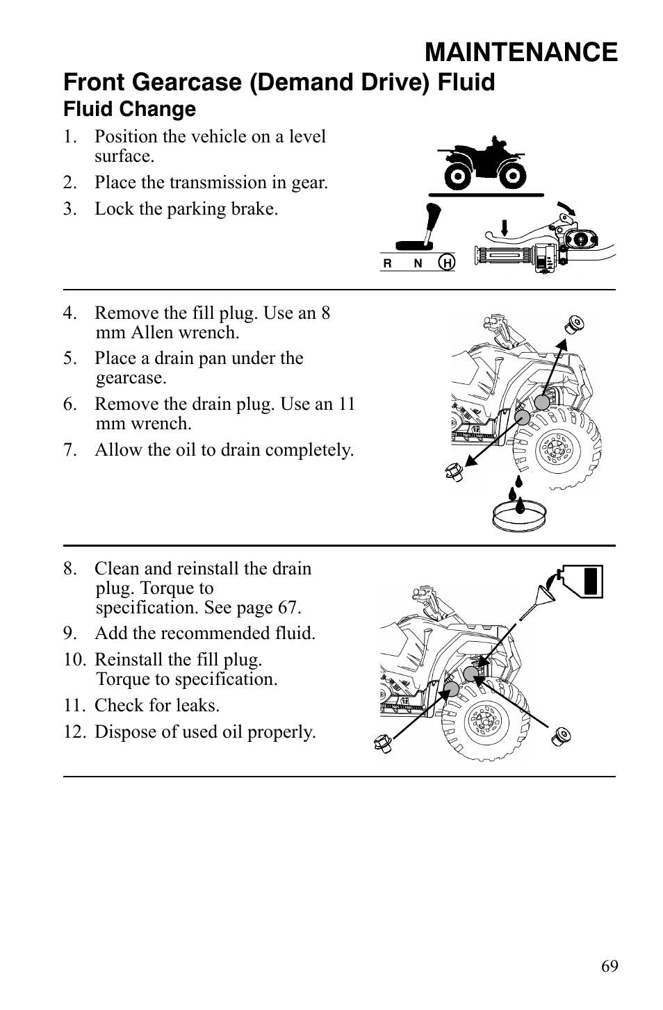 Maintenance, Front gearcase (demand drive) fluid | Polaris Hawkeye 9921770 User Manual | Page 71 / 124