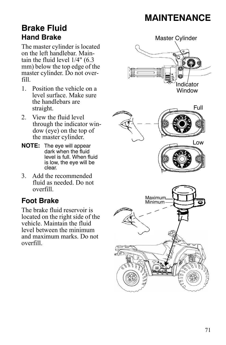 Maintenance, Brake fluid, Hand brake | Foot brake | Polaris Hawkeye 9921770 User Manual | Page 73 / 124