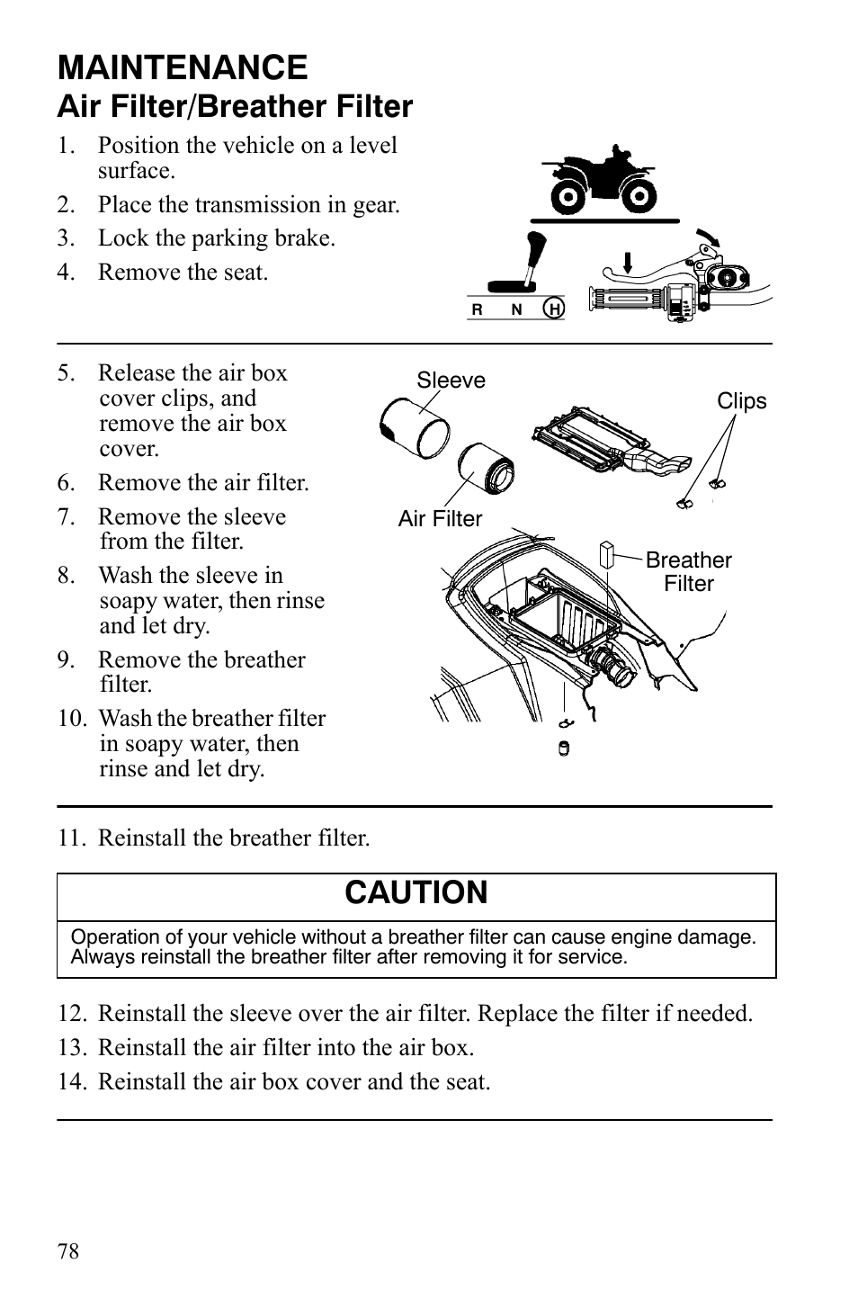 Maintenance, Air filter/breather filter, Caution | Polaris Hawkeye 9921770 User Manual | Page 80 / 124