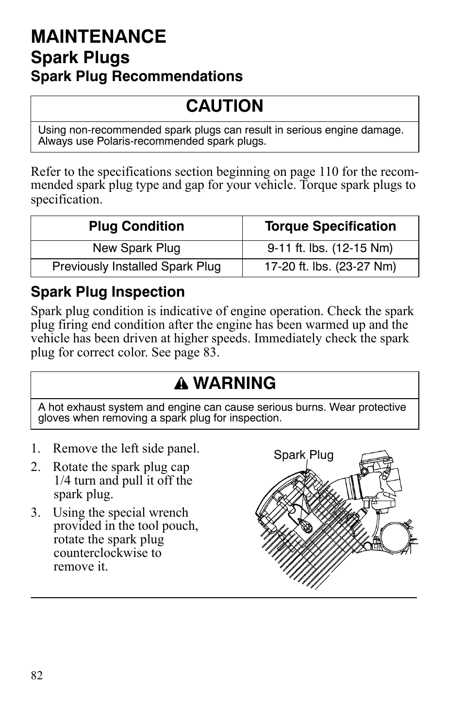 Maintenance, Spark plugs, Caution | Warning | Polaris Hawkeye 9921770 User Manual | Page 84 / 124