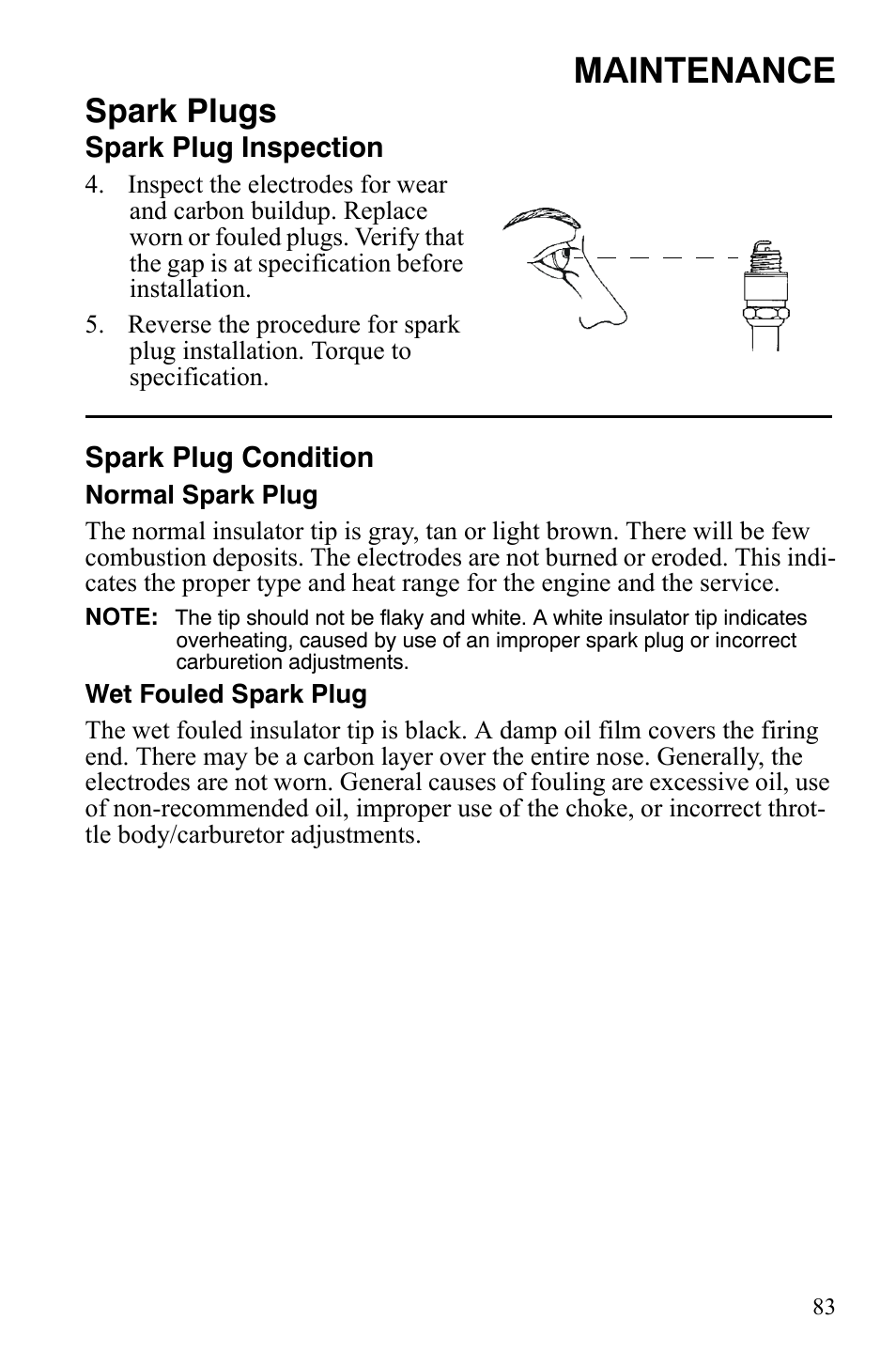 Maintenance, Spark plugs | Polaris Hawkeye 9921770 User Manual | Page 85 / 124