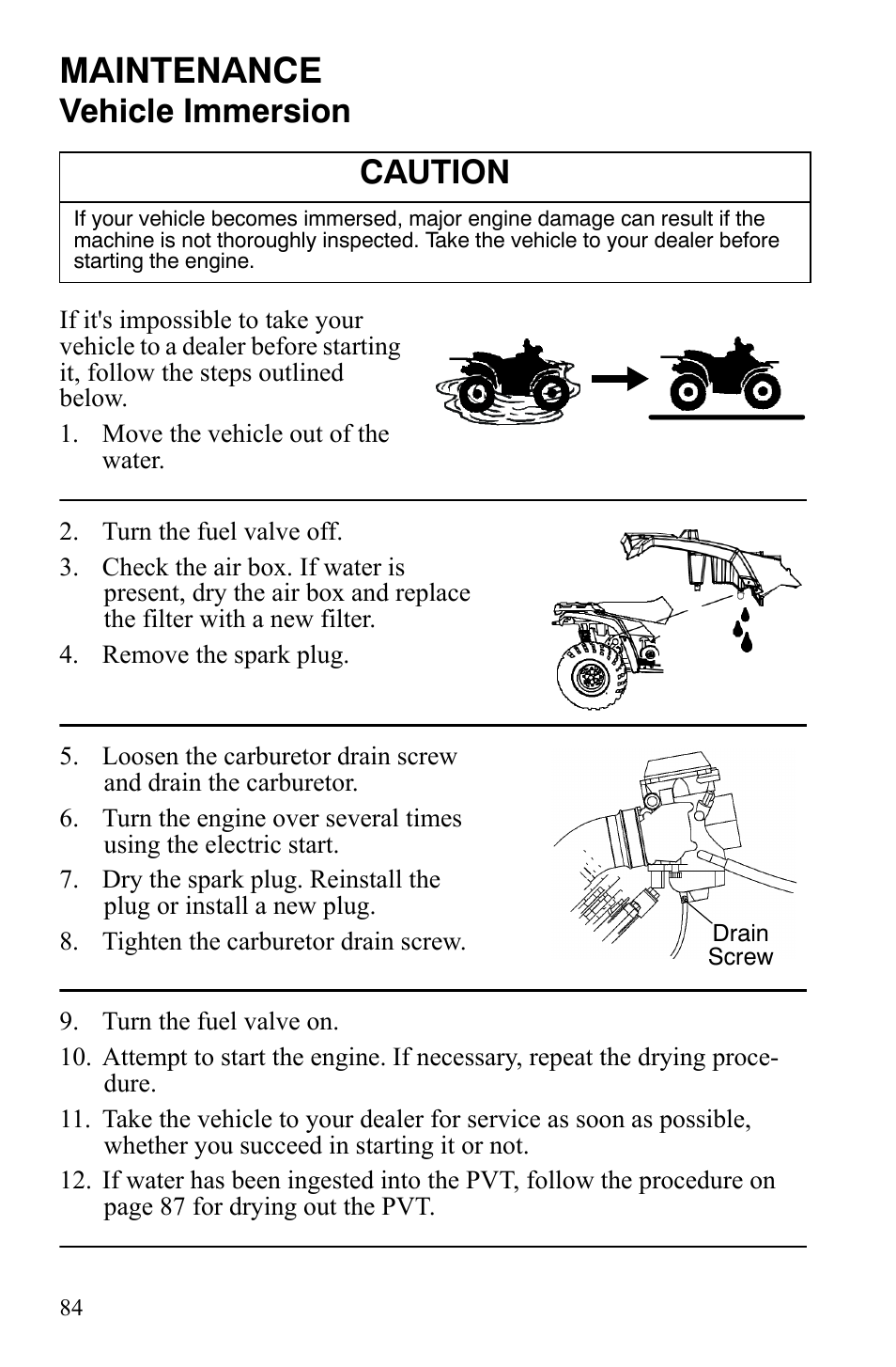 Maintenance, Vehicle immersion, Caution | Polaris Hawkeye 9921770 User Manual | Page 86 / 124