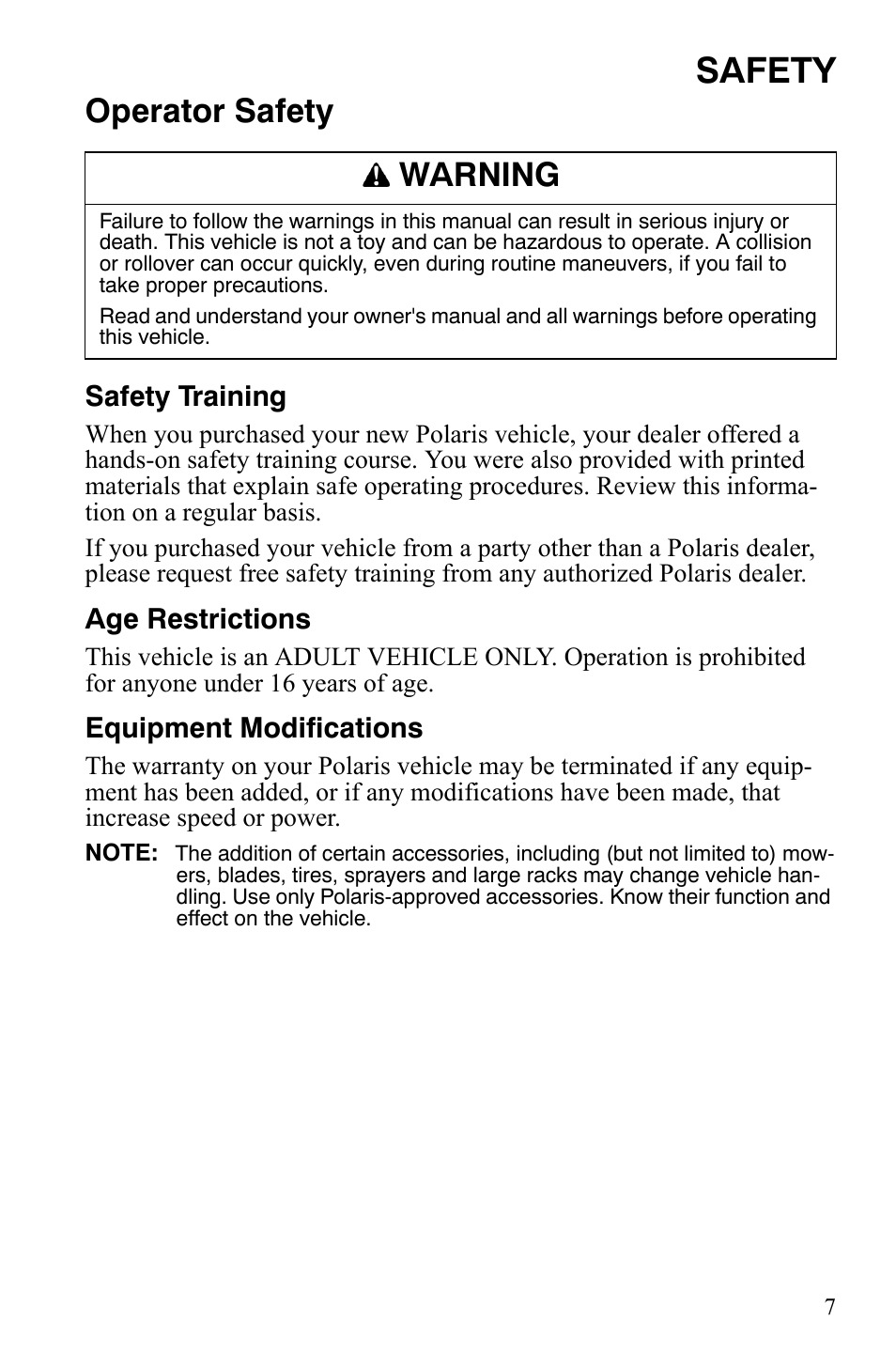 Safety, Operator safety, Warning | Safety training, Age restrictions, Equipment modifications | Polaris Hawkeye 9921770 User Manual | Page 9 / 124