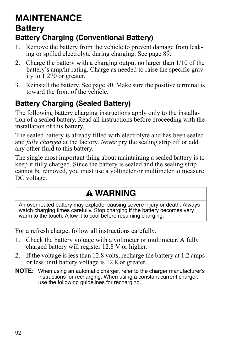 Maintenance, Battery, Warning | Polaris Hawkeye 9921770 User Manual | Page 94 / 124