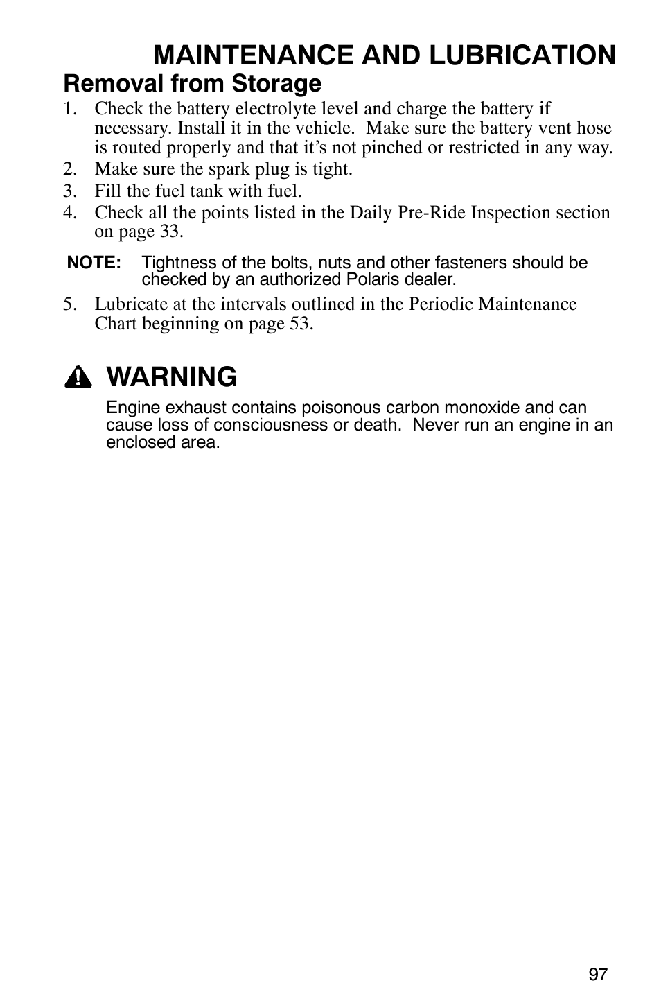 Maintenance and lubrication, Warning, Removal from storage | Polaris 500 2X4 User Manual | Page 100 / 126