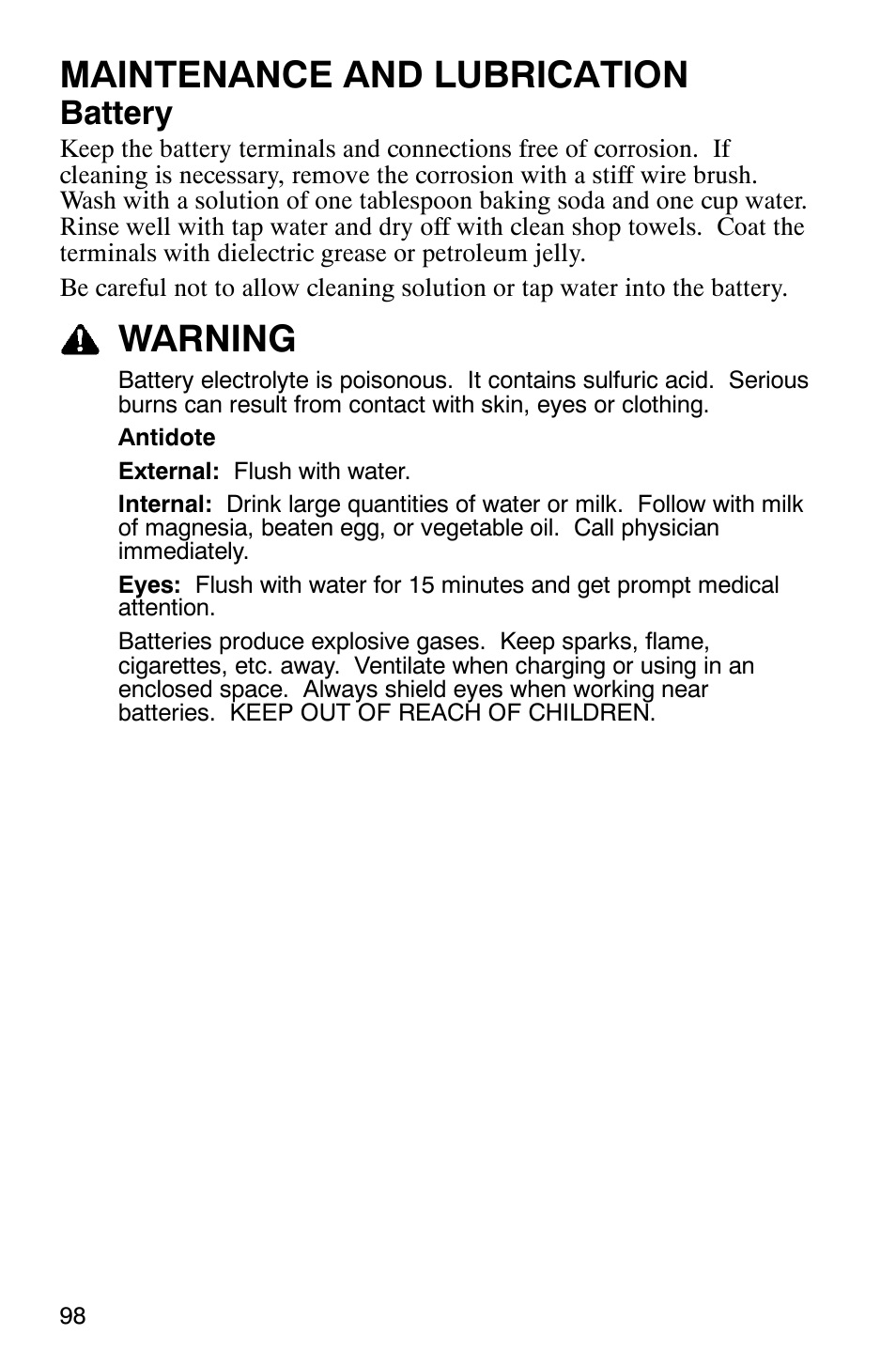 Maintenance and lubrication, Warning, Battery | Polaris 500 2X4 User Manual | Page 101 / 126