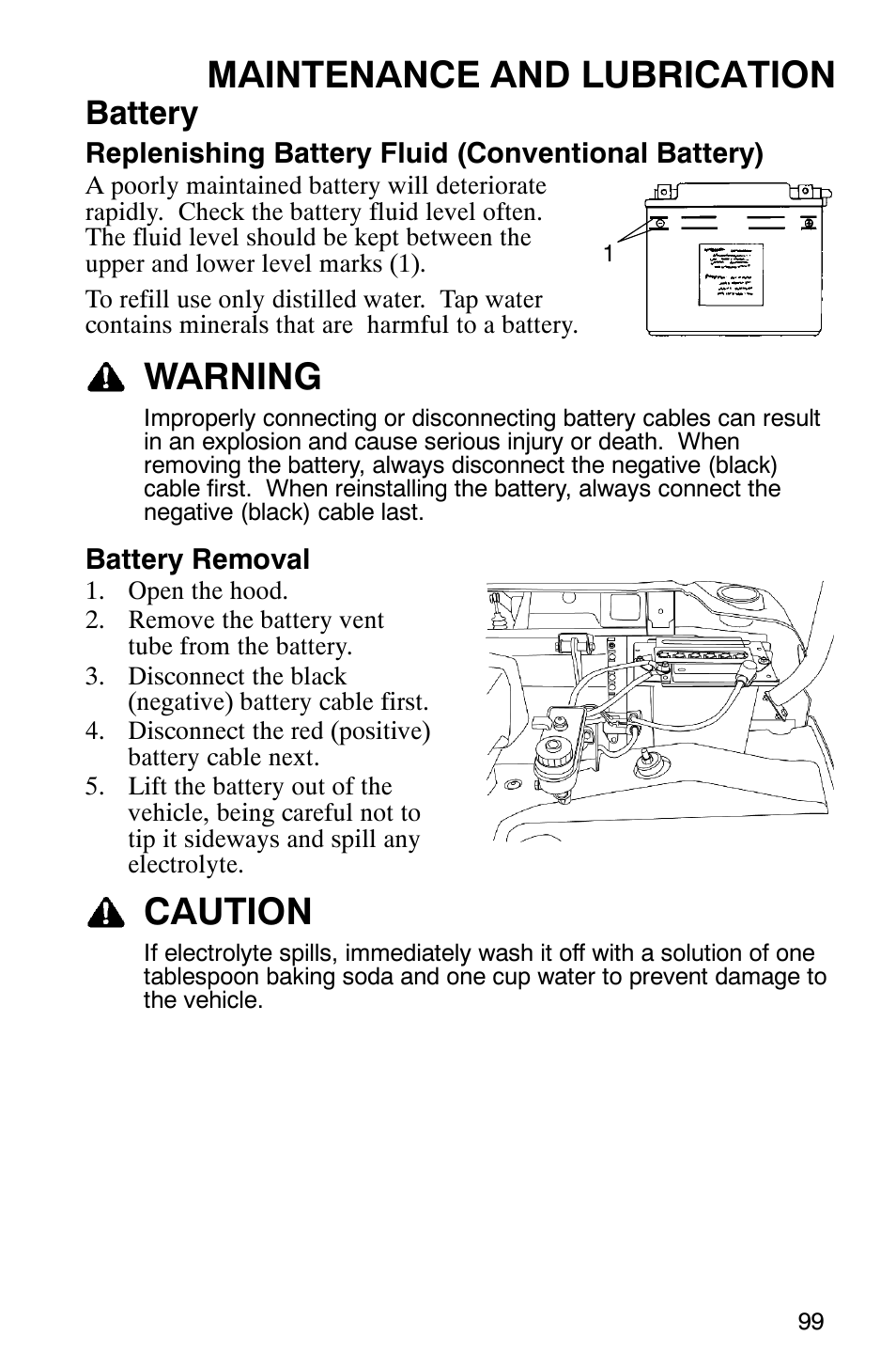 Maintenance and lubrication, Warning, Caution | Battery | Polaris 500 2X4 User Manual | Page 102 / 126