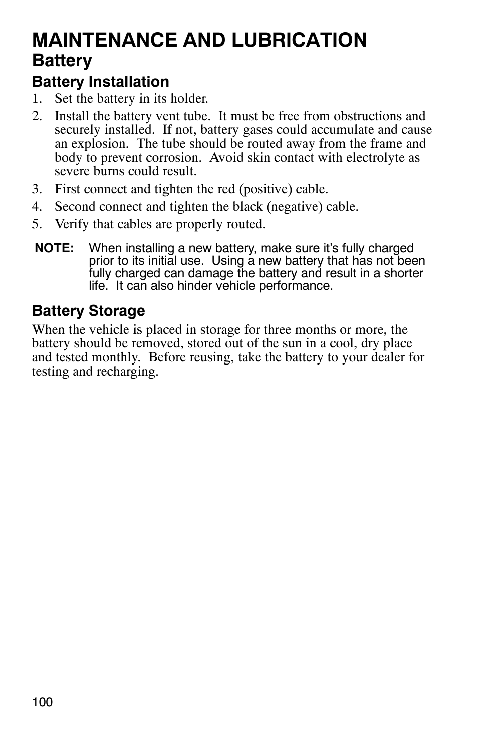 Maintenance and lubrication, Battery | Polaris 500 2X4 User Manual | Page 103 / 126