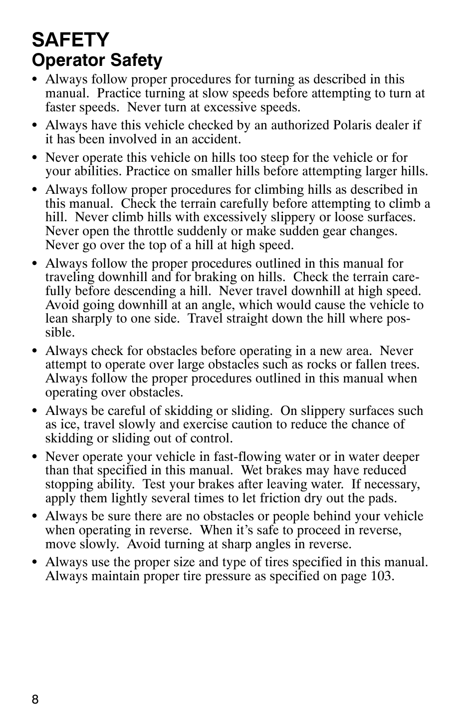 Safety, Operator safety | Polaris 500 2X4 User Manual | Page 11 / 126