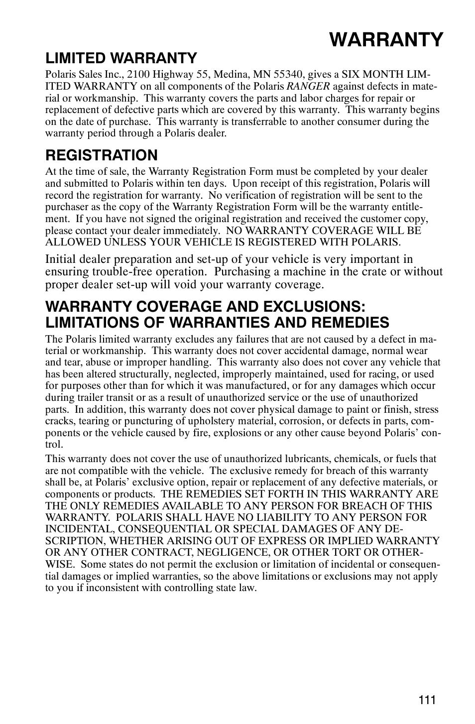 Warranty, Limited warranty, Registration | Polaris 500 2X4 User Manual | Page 114 / 126