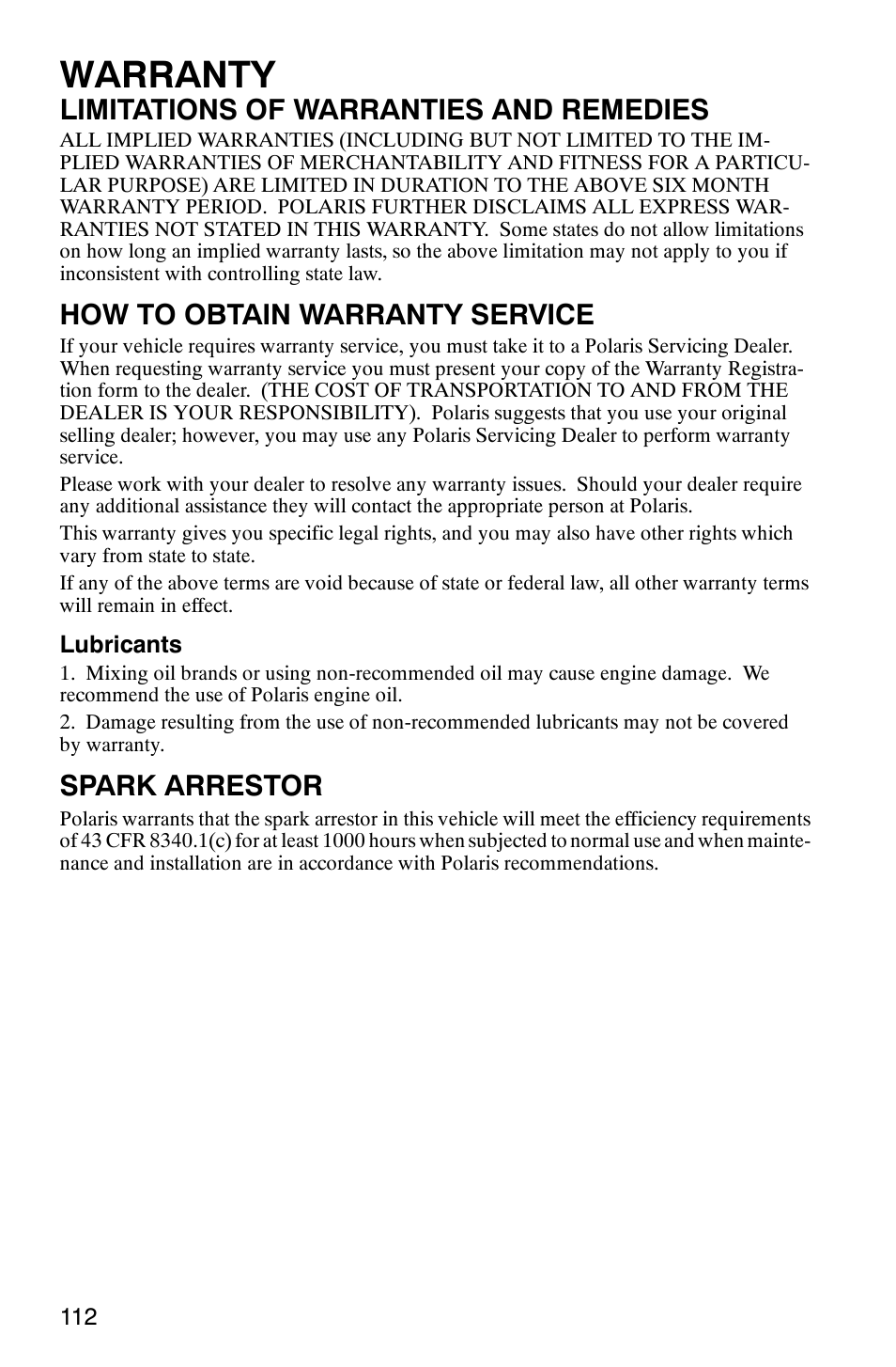 Warranty, Limitations of warranties and remedies, How to obtain warranty service | Spark arrestor | Polaris 500 2X4 User Manual | Page 115 / 126