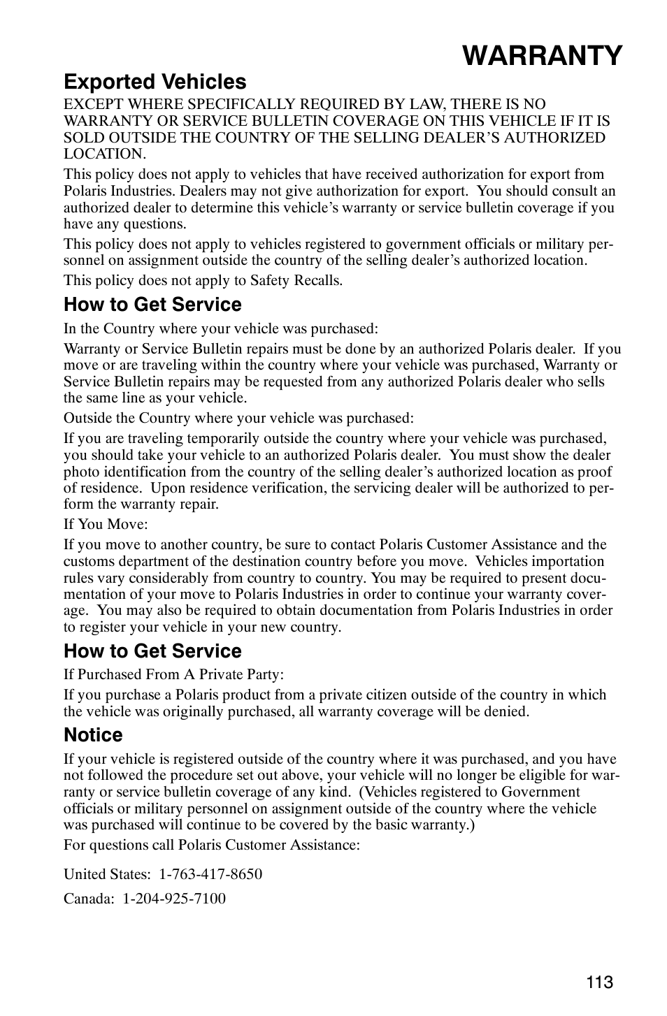 Warranty, Exported vehicles, How to get service | Notice | Polaris 500 2X4 User Manual | Page 116 / 126