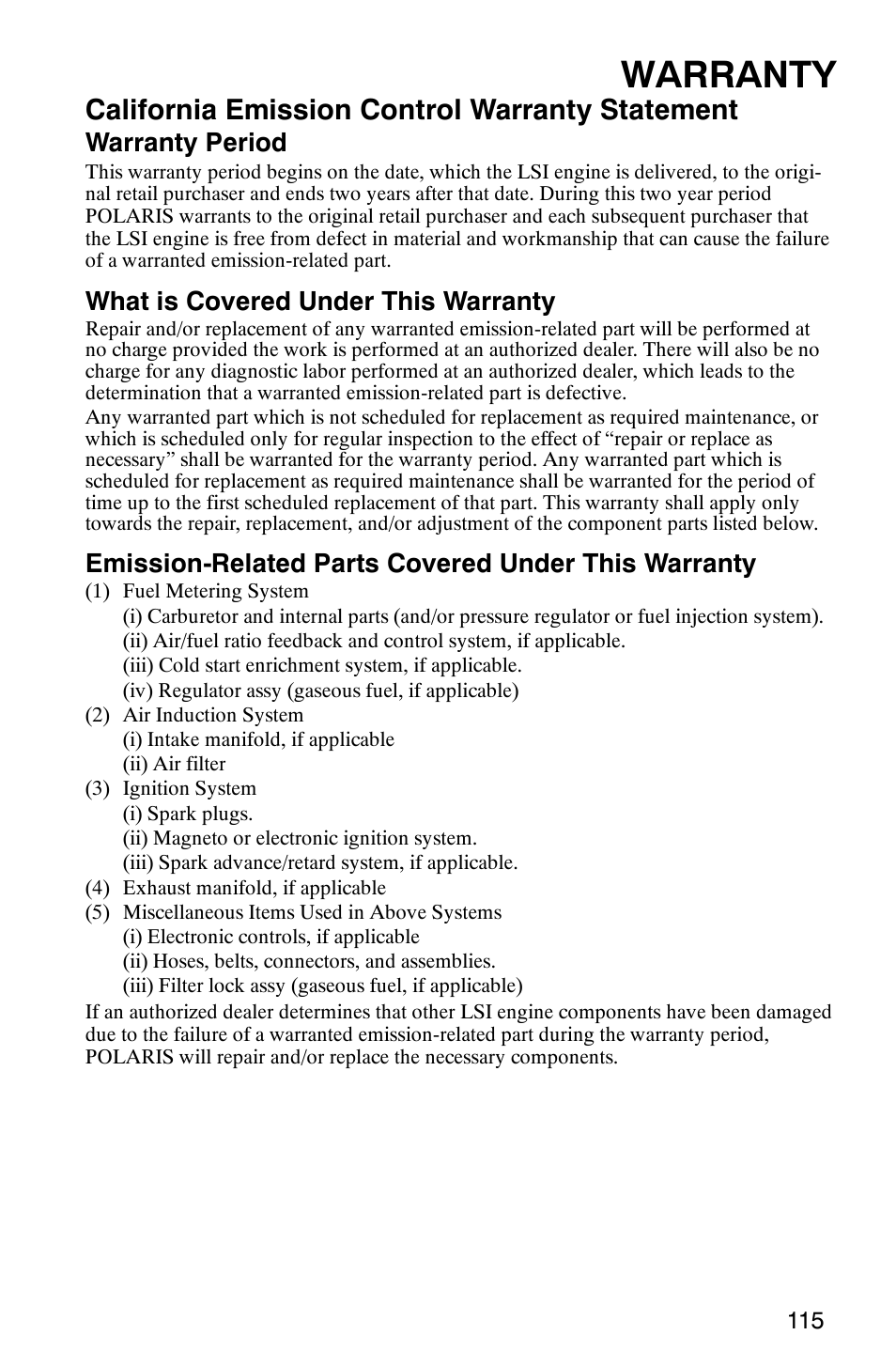 Warranty, California emission control warranty statement, Warranty period | What is covered under this warranty, Emission-related parts covered under this warranty | Polaris 500 2X4 User Manual | Page 118 / 126