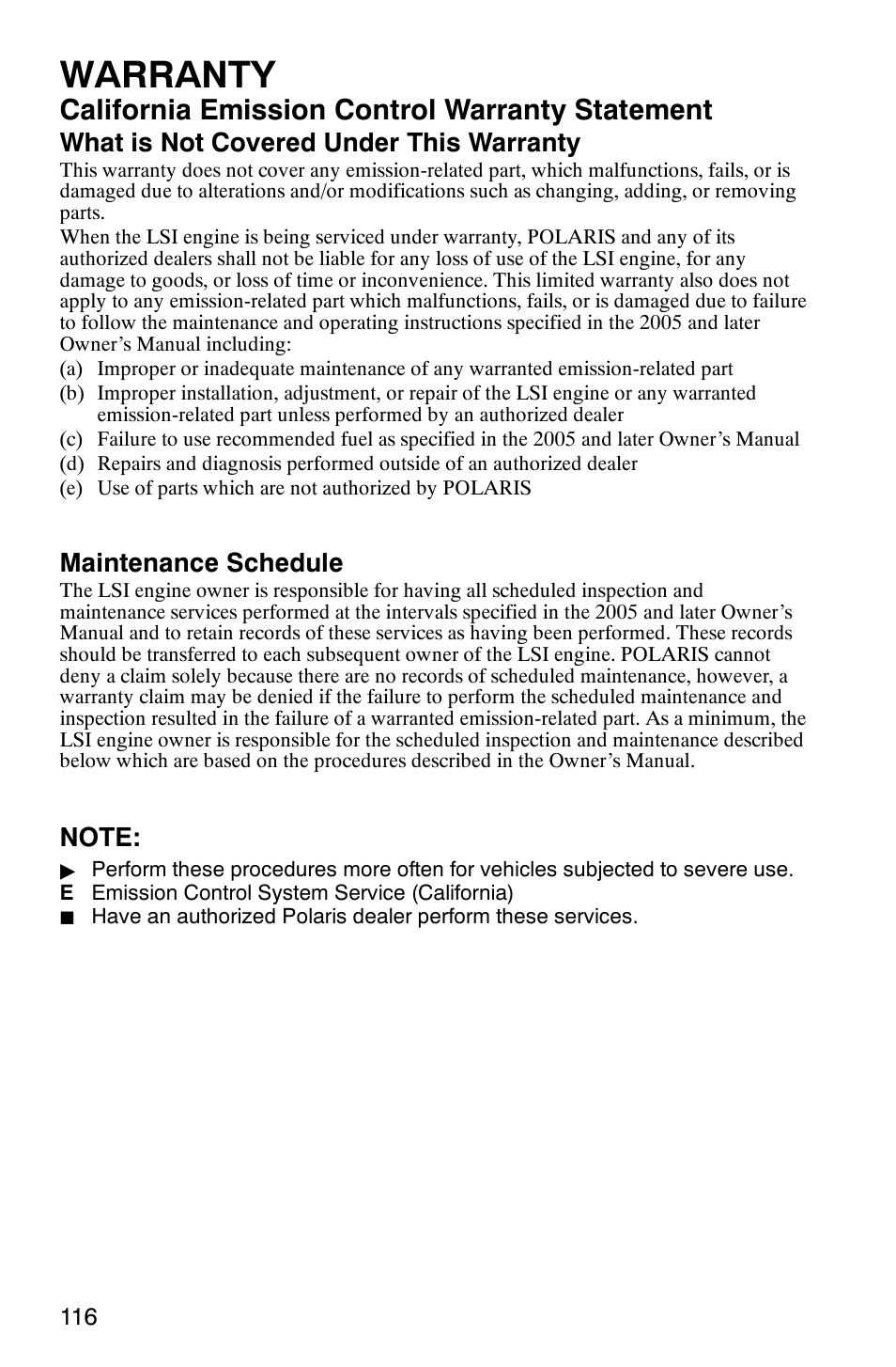 Warranty, California emission control warranty statement, What is not covered under this warranty | Maintenance schedule | Polaris 500 2X4 User Manual | Page 119 / 126