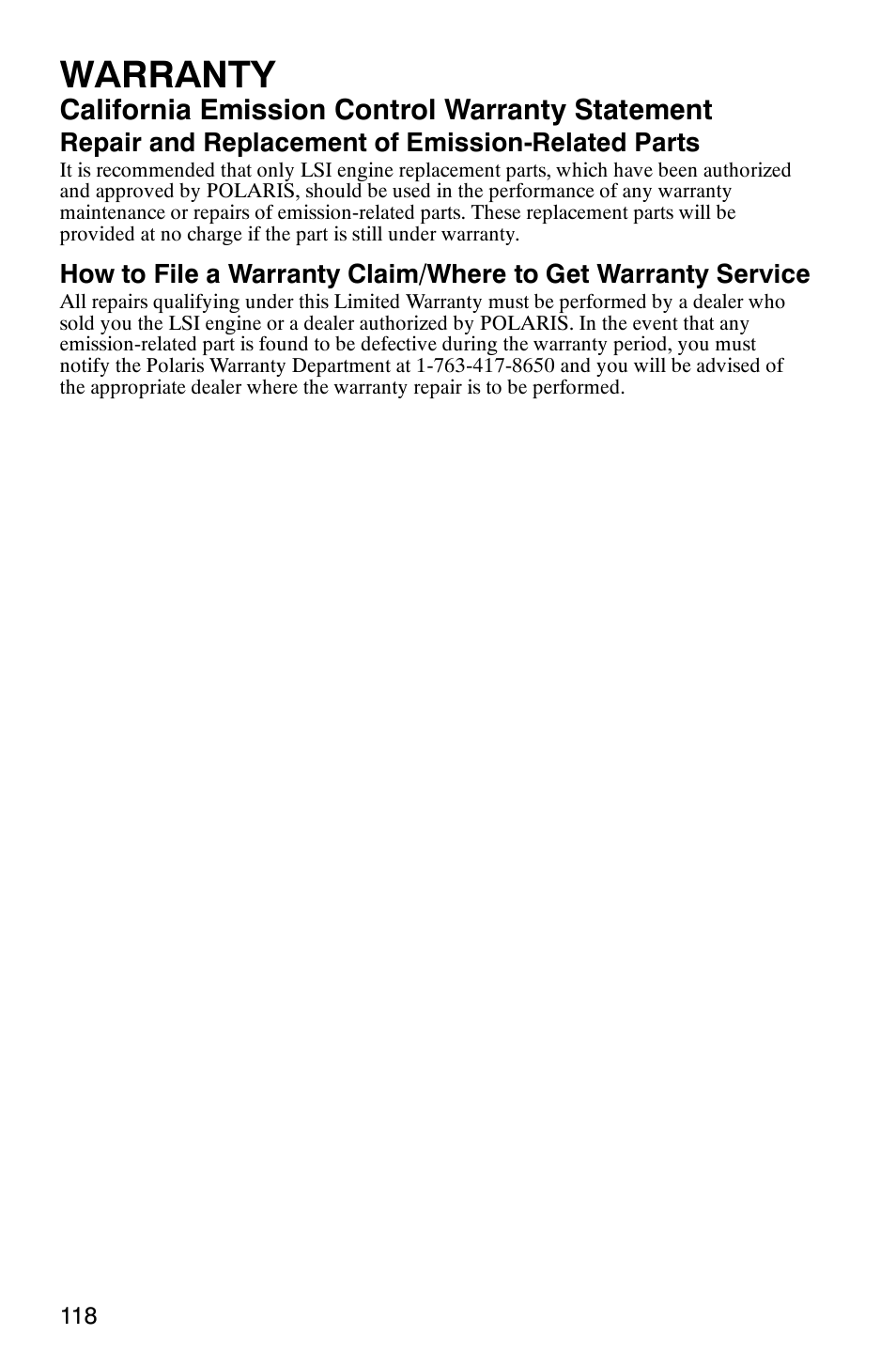 Warranty, California emission control warranty statement | Polaris 500 2X4 User Manual | Page 121 / 126