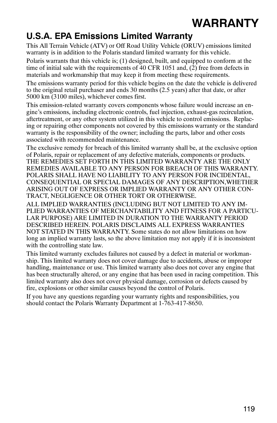 Warranty, U.s.a. epa emissions limited warranty | Polaris 500 2X4 User Manual | Page 122 / 126