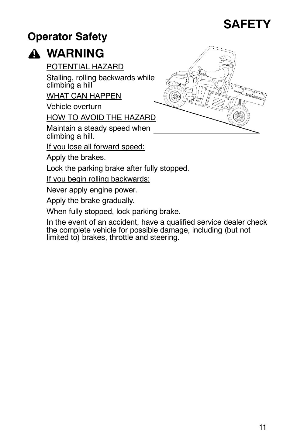 Safety, Warning, Operator safety | Polaris 500 2X4 User Manual | Page 14 / 126