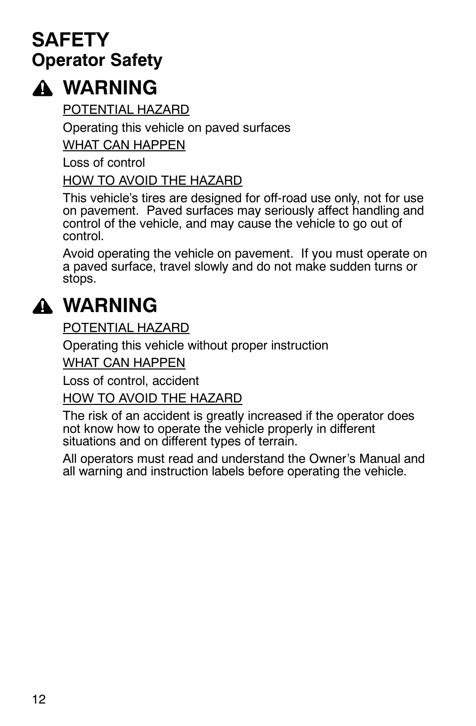 Safety, Warning, Operator safety | Polaris 500 2X4 User Manual | Page 15 / 126