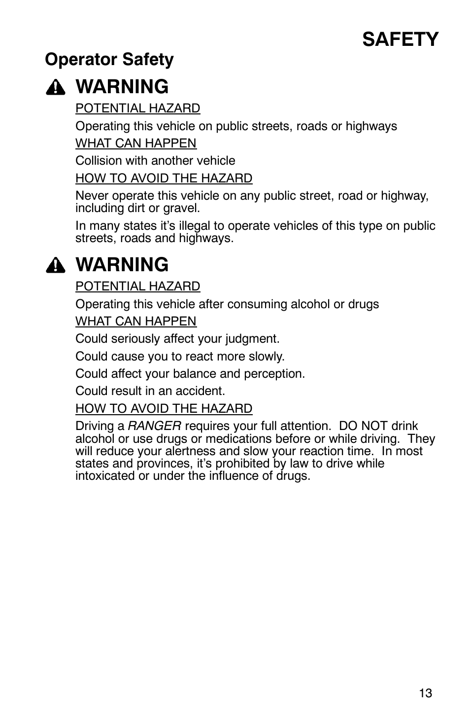 Safety, Warning, Operator safety | Polaris 500 2X4 User Manual | Page 16 / 126