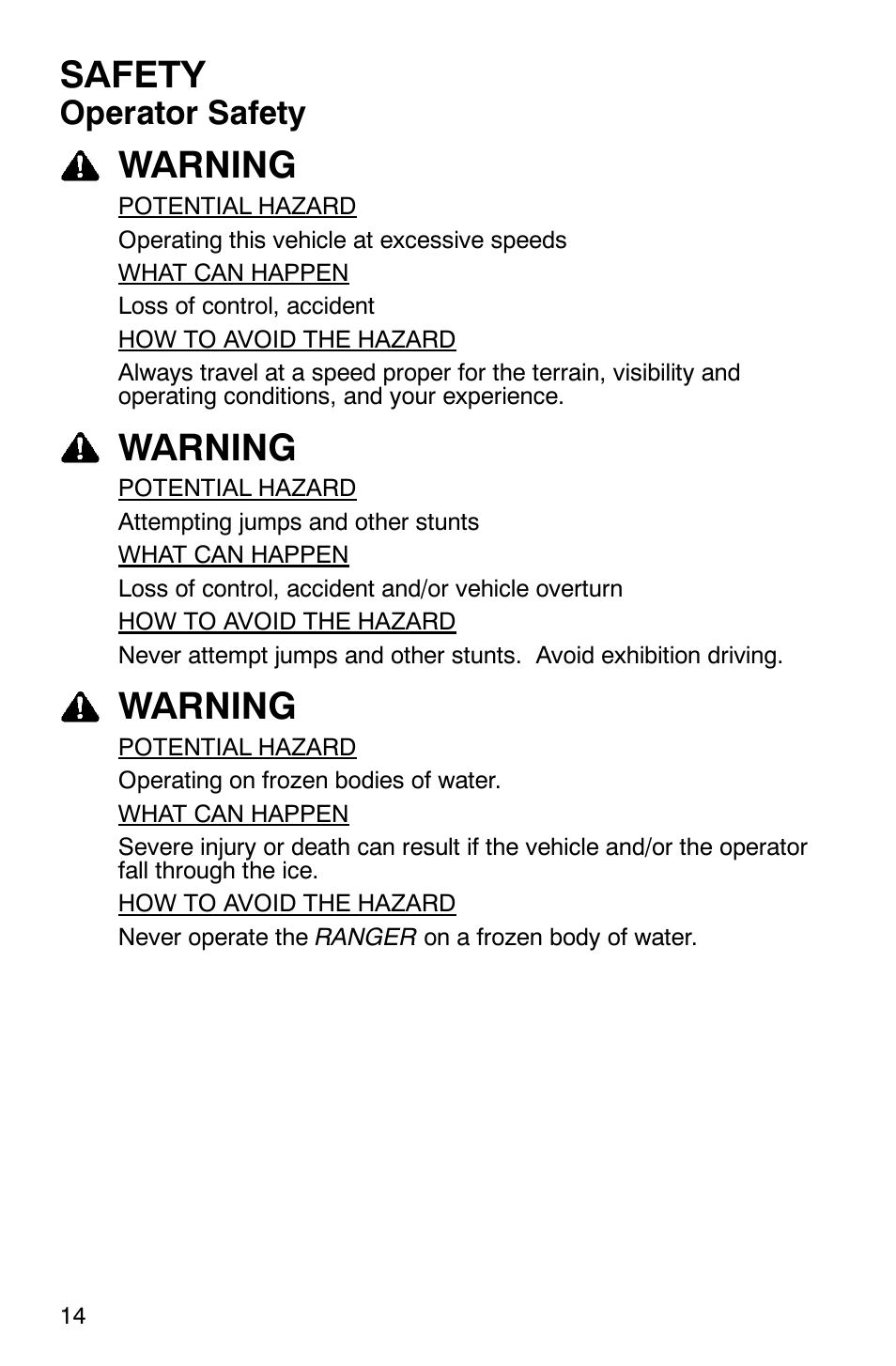 Safety, Warning, Operator safety | Polaris 500 2X4 User Manual | Page 17 / 126