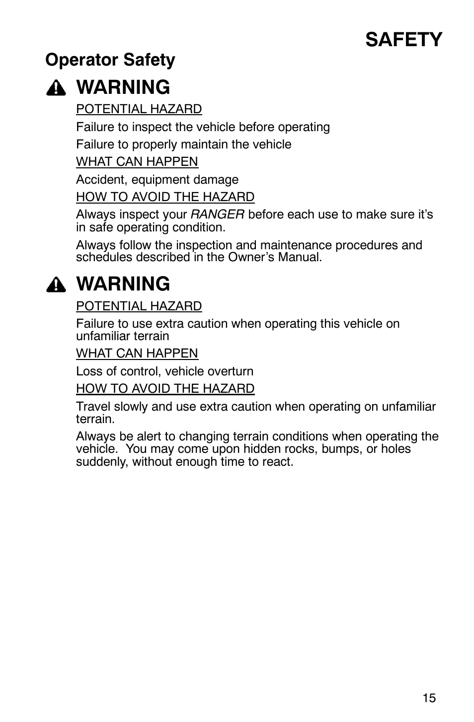 Safety, Warning, Operator safety | Polaris 500 2X4 User Manual | Page 18 / 126