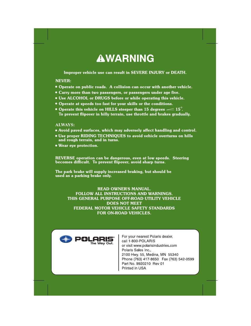 Polaris 500 2X4 User Manual | Page 2 / 126