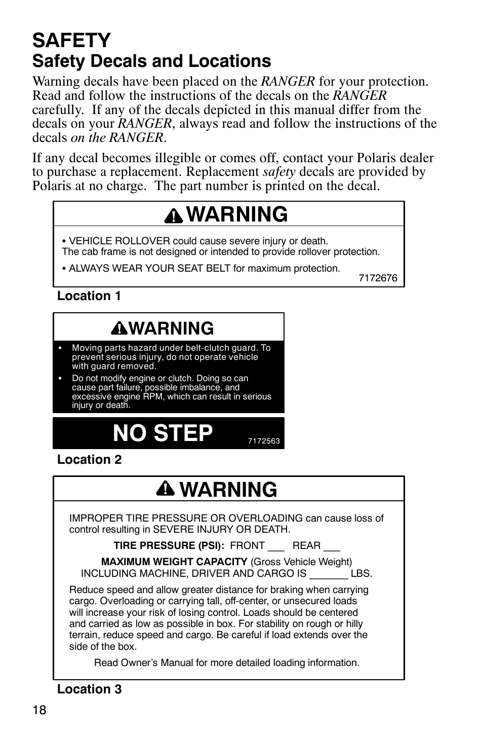 No step, Warning, Safety | Safety decals and locations | Polaris 500 2X4 User Manual | Page 21 / 126