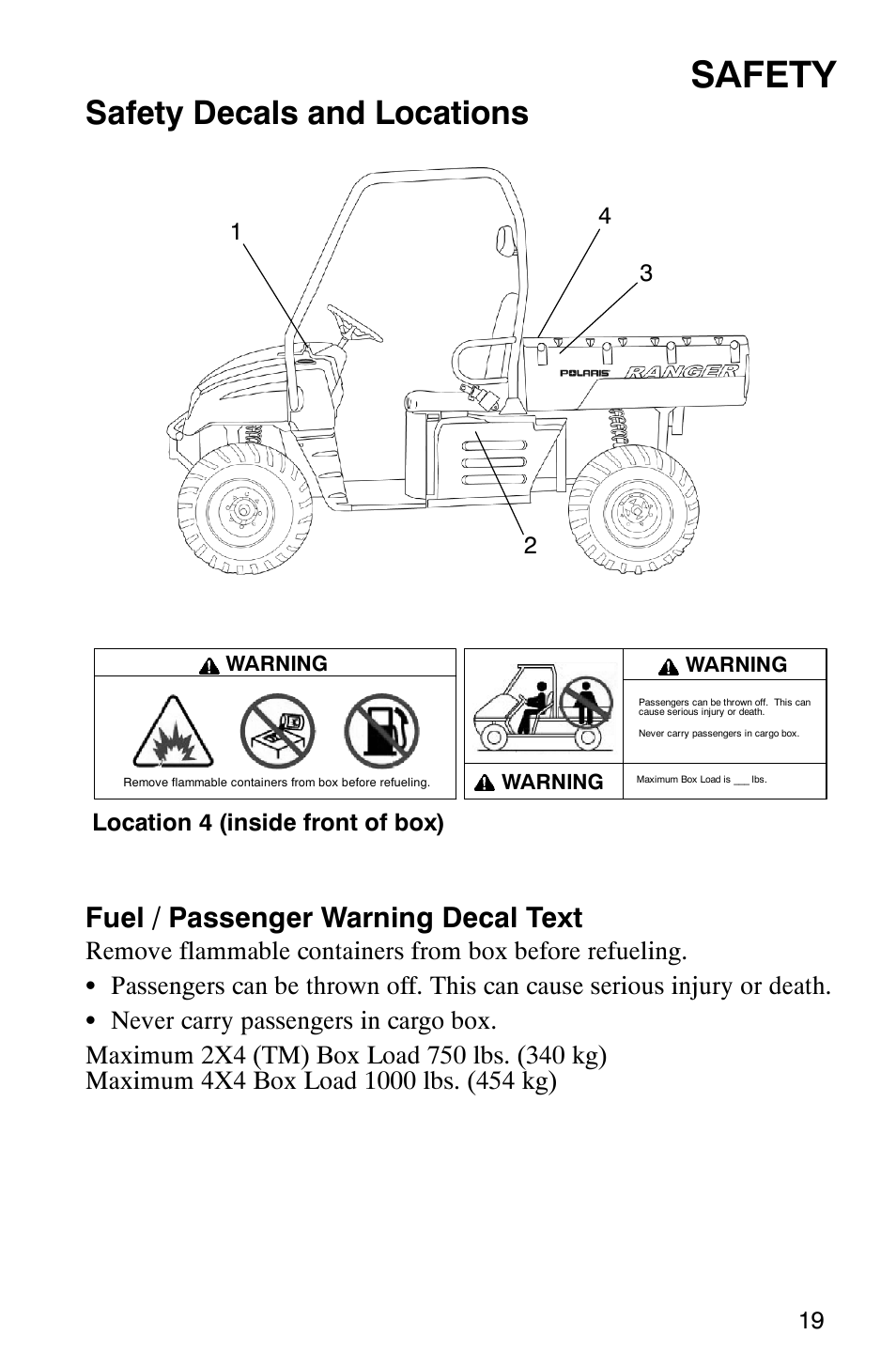 Safety, Safety decals and locations, Fuel / passenger warning decal text | Polaris 500 2X4 User Manual | Page 22 / 126