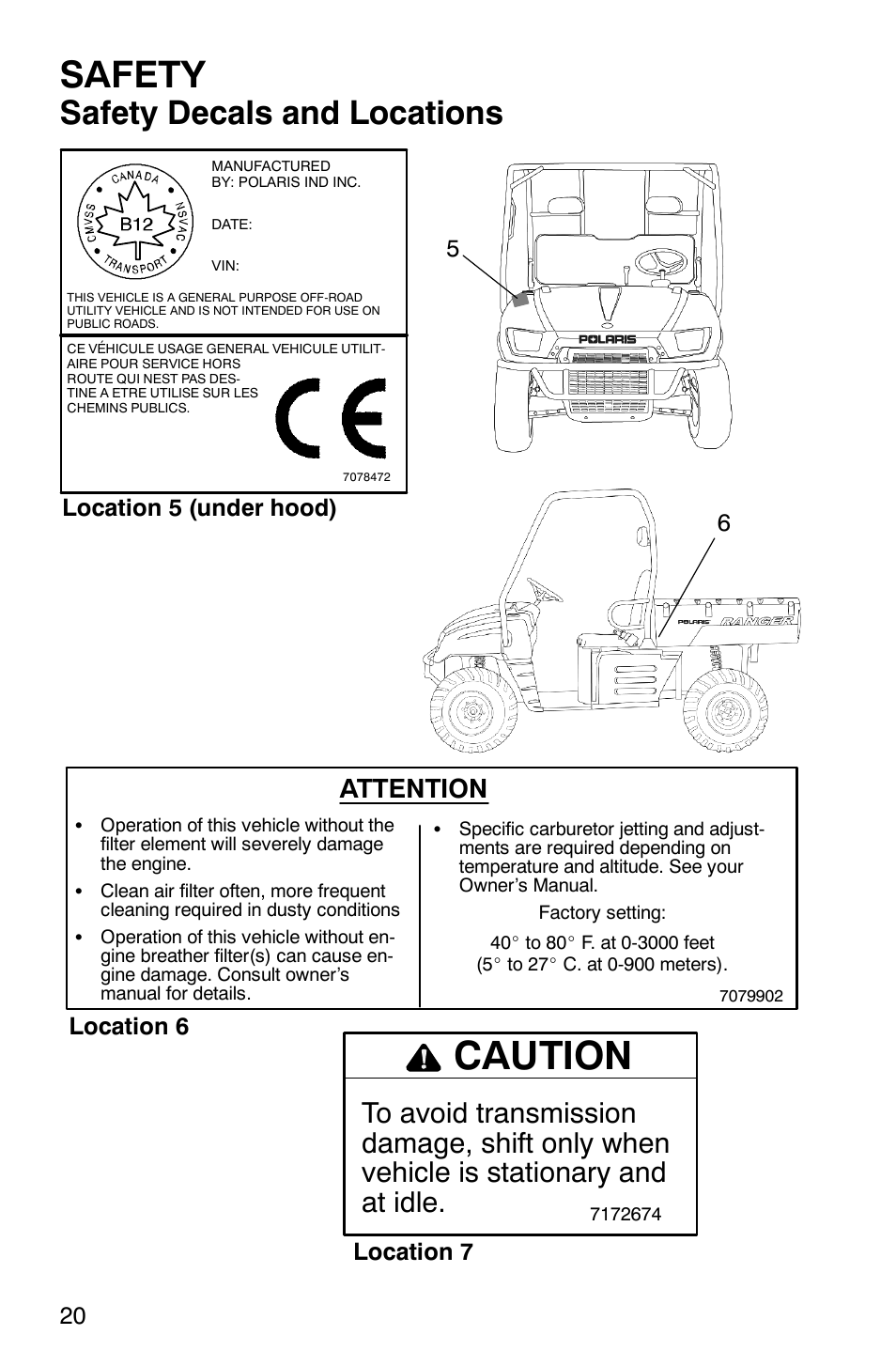 Caution, Safety, Safety decals and locations | Attention, Location 5 (under hood) 5 6, Location 6 location 7 | Polaris 500 2X4 User Manual | Page 23 / 126