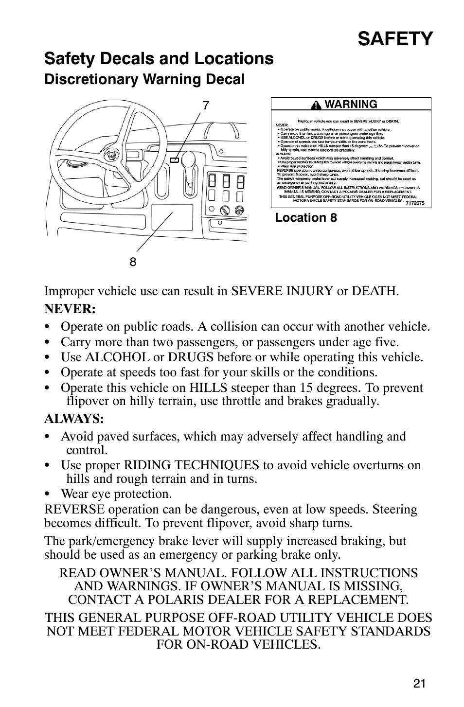 Safety, Safety decals and locations | Polaris 500 2X4 User Manual | Page 24 / 126