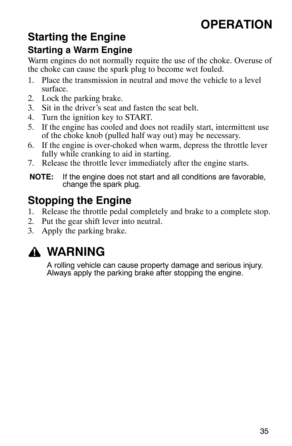 Operation, Warning, Starting the engine | Stopping the engine | Polaris 500 2X4 User Manual | Page 38 / 126