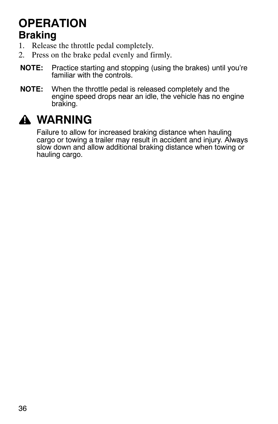 Operation, Warning, Braking | Polaris 500 2X4 User Manual | Page 39 / 126