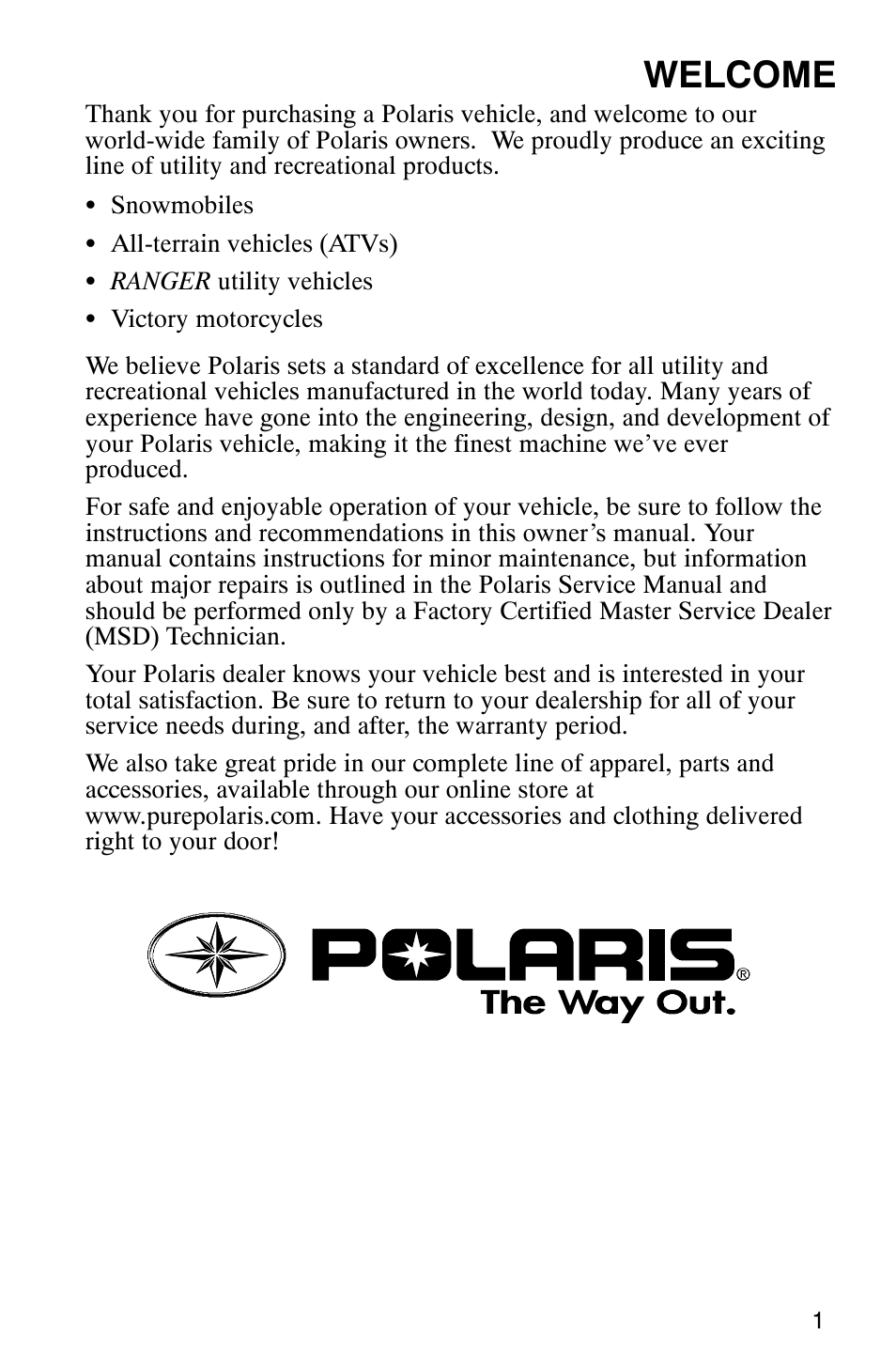 Welcome | Polaris 500 2X4 User Manual | Page 4 / 126