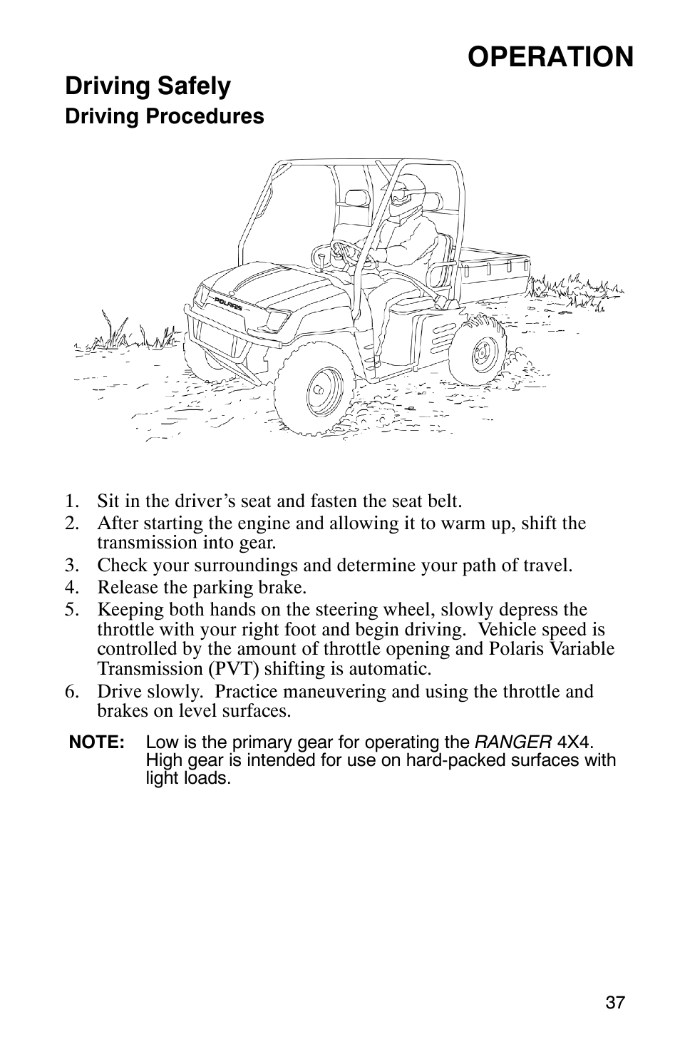 Operation, Driving safely | Polaris 500 2X4 User Manual | Page 40 / 126