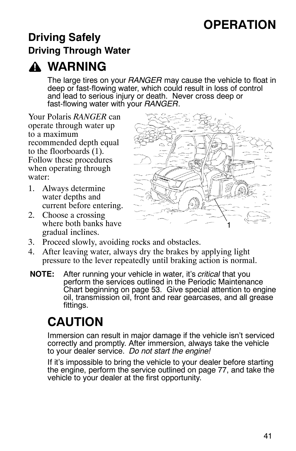 Operation, Warning, Caution | Driving safely | Polaris 500 2X4 User Manual | Page 44 / 126