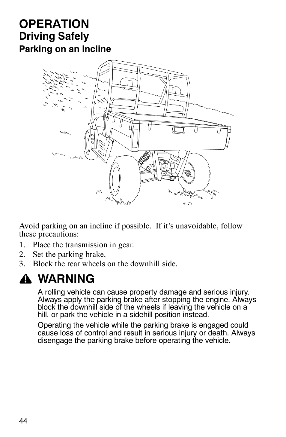 Operation, Warning, Driving safely | Polaris 500 2X4 User Manual | Page 47 / 126