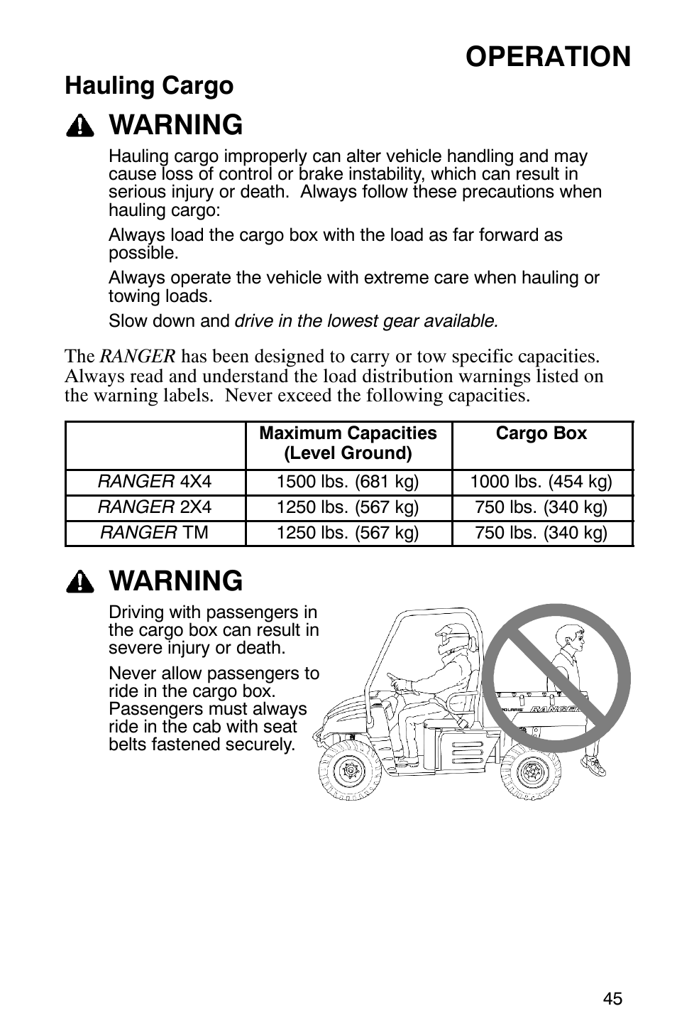 Operation, Warning, Hauling cargo | Polaris 500 2X4 User Manual | Page 48 / 126