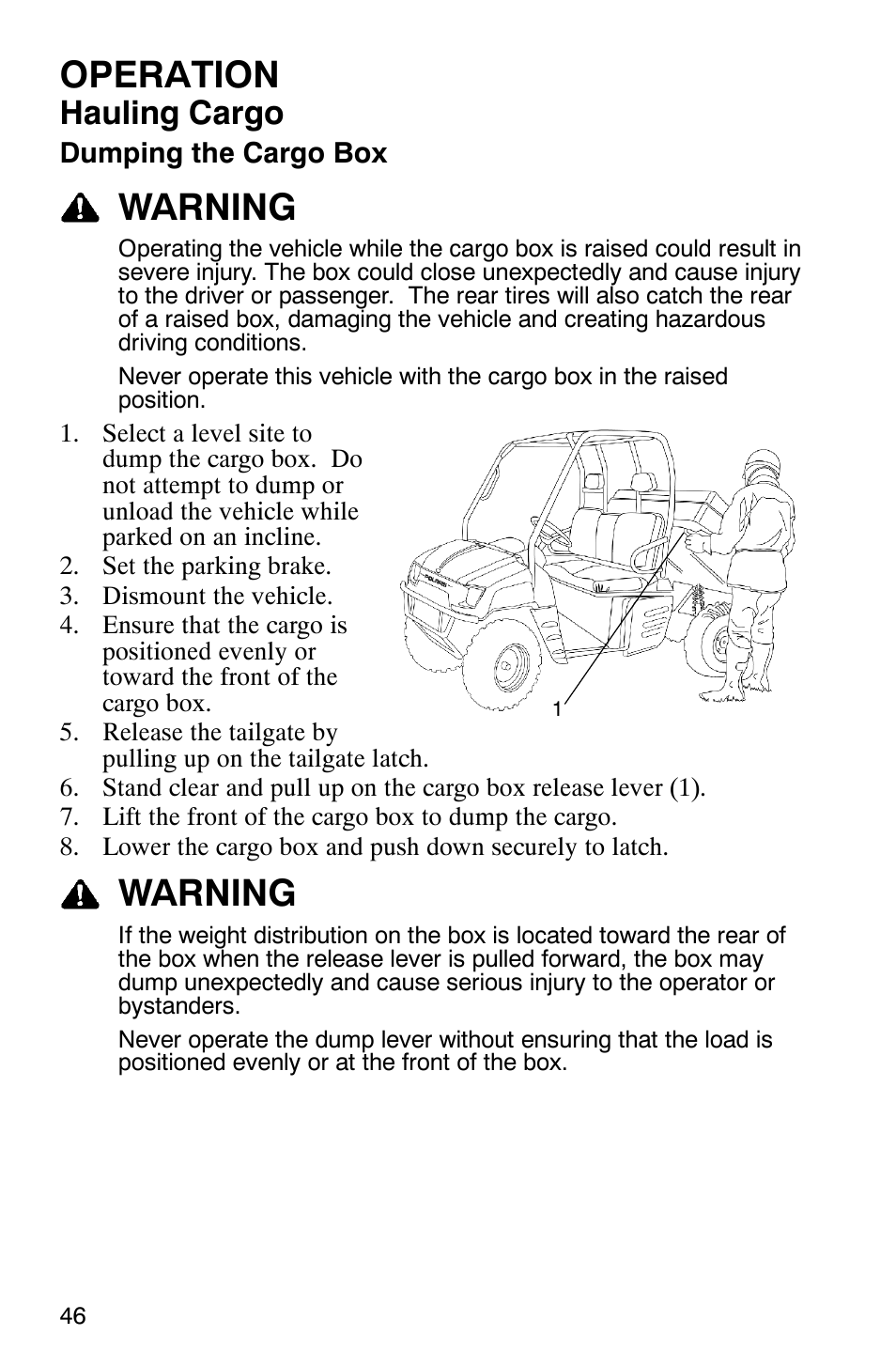 Operation, Warning, Hauling cargo | Polaris 500 2X4 User Manual | Page 49 / 126