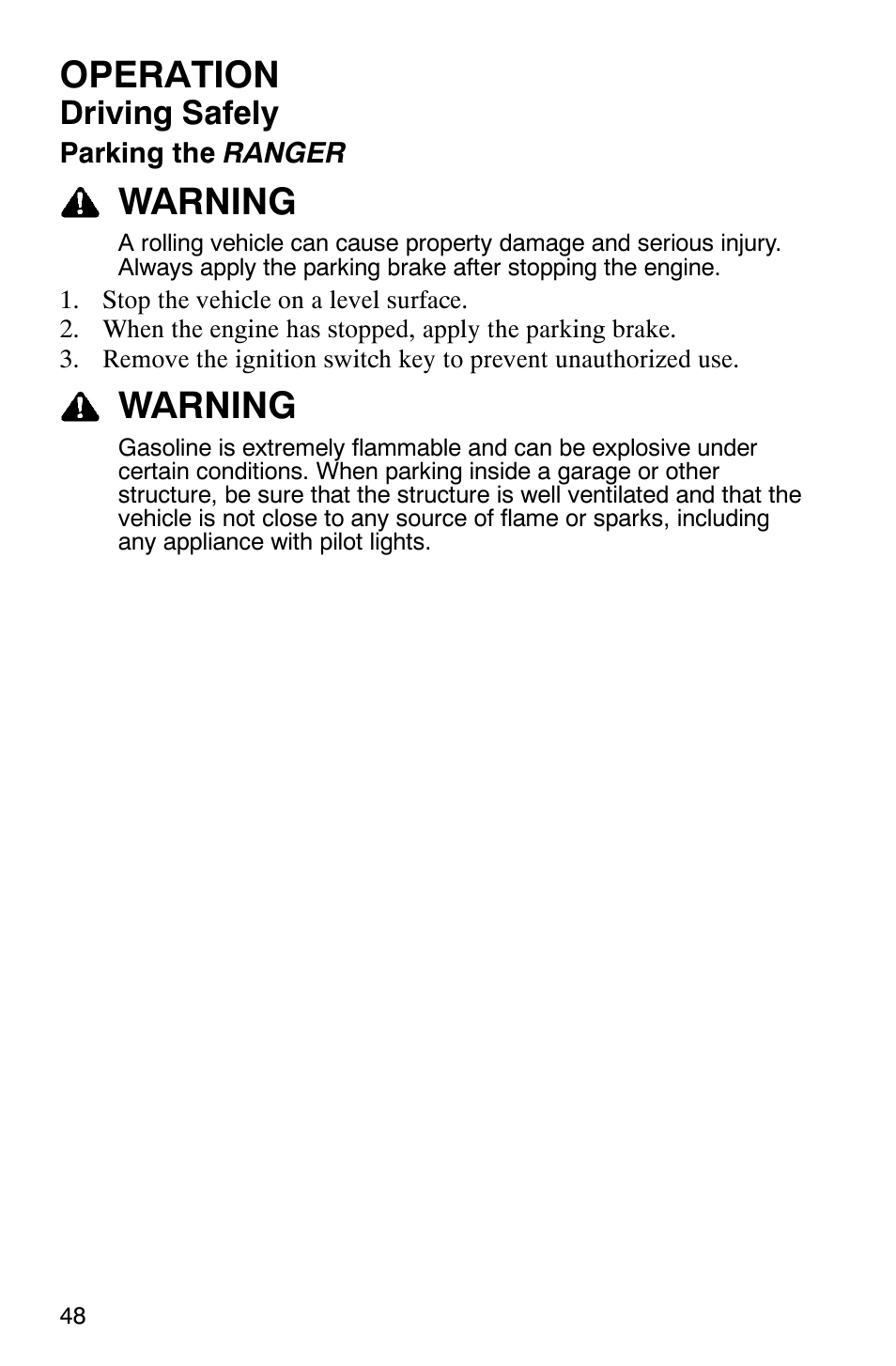 Operation, Warning, Driving safely | Polaris 500 2X4 User Manual | Page 51 / 126