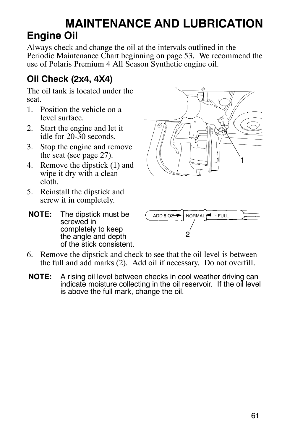 Maintenance and lubrication, Engine oil, Oil check (2x4, 4x4) | Polaris 500 2X4 User Manual | Page 64 / 126