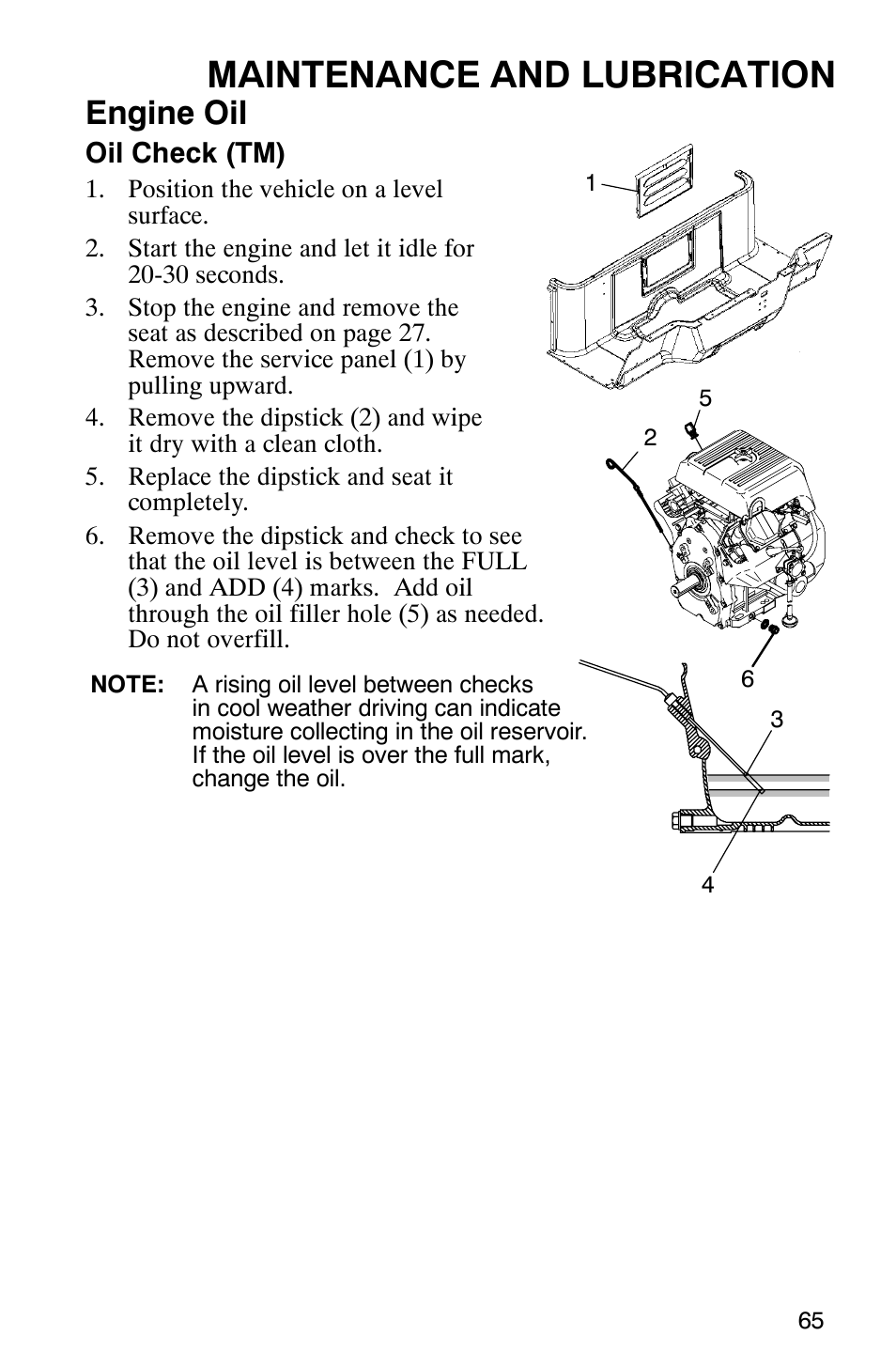 Maintenance and lubrication, Engine oil | Polaris 500 2X4 User Manual | Page 68 / 126