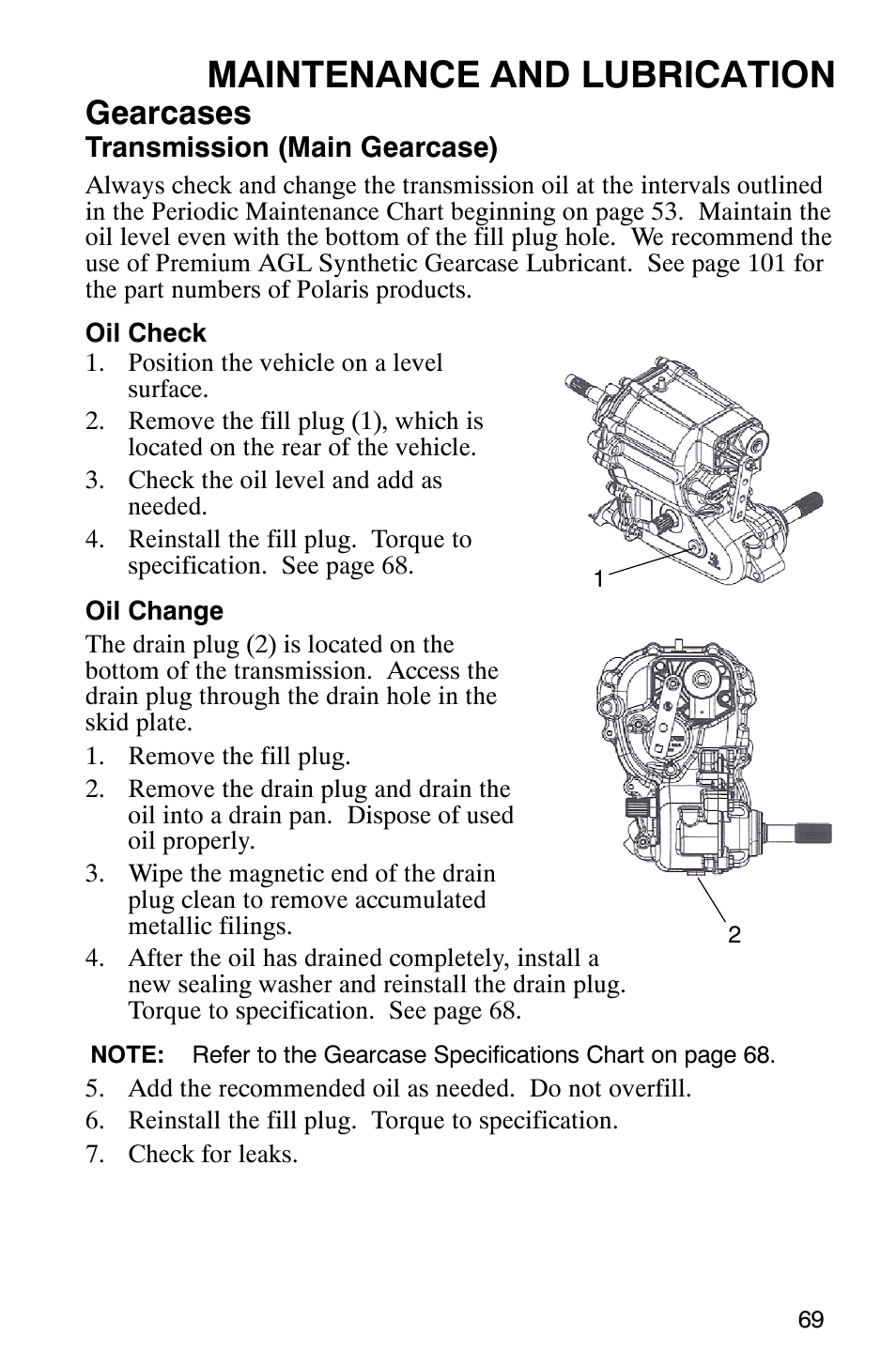 Maintenance and lubrication, Gearcases | Polaris 500 2X4 User Manual | Page 72 / 126