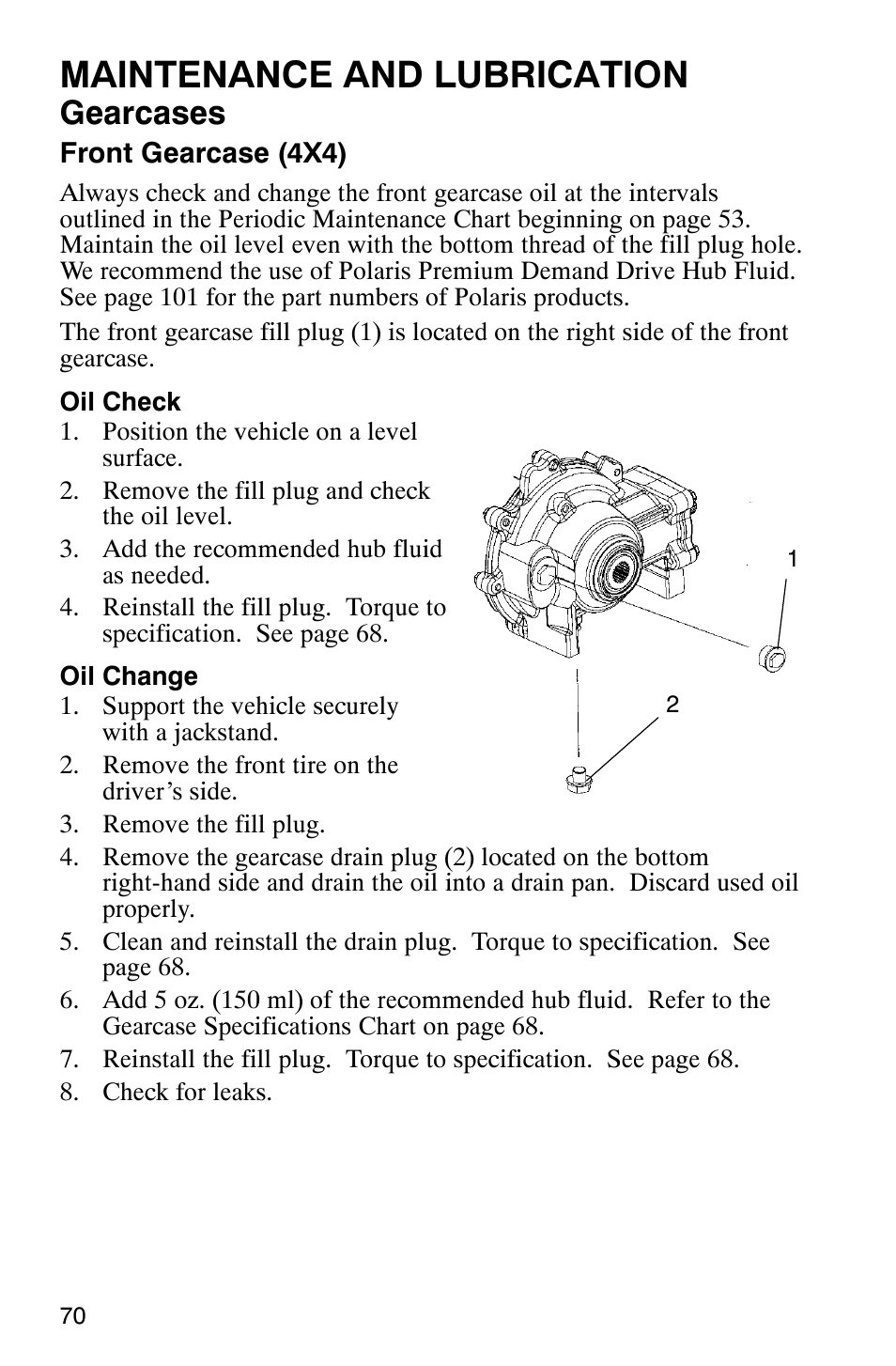 Maintenance and lubrication, Gearcases | Polaris 500 2X4 User Manual | Page 73 / 126