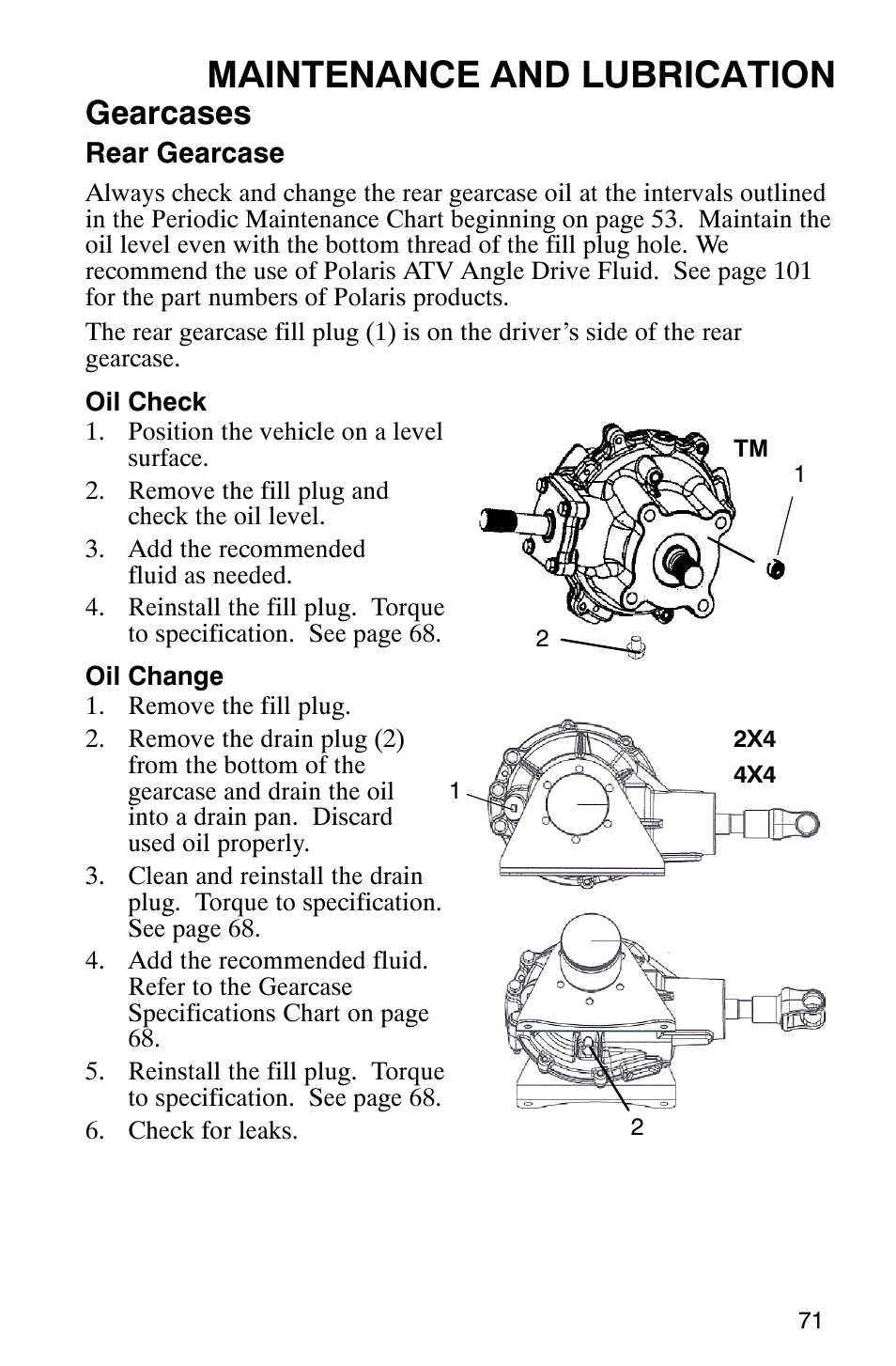 Maintenance and lubrication, Gearcases | Polaris 500 2X4 User Manual | Page 74 / 126