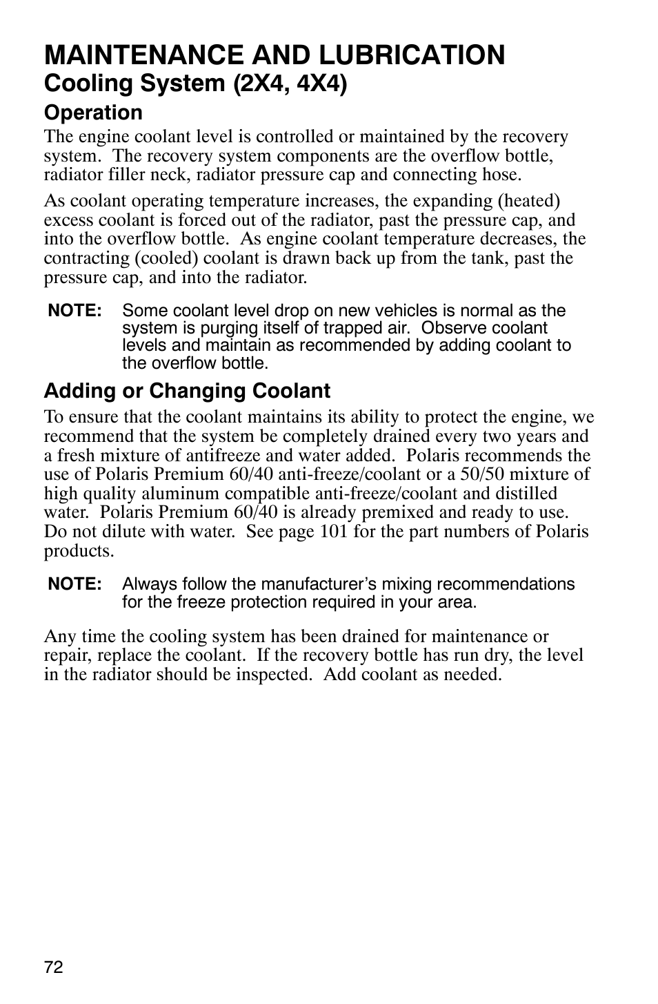 Maintenance and lubrication, Cooling system (2x4, 4x4) | Polaris 500 2X4 User Manual | Page 75 / 126