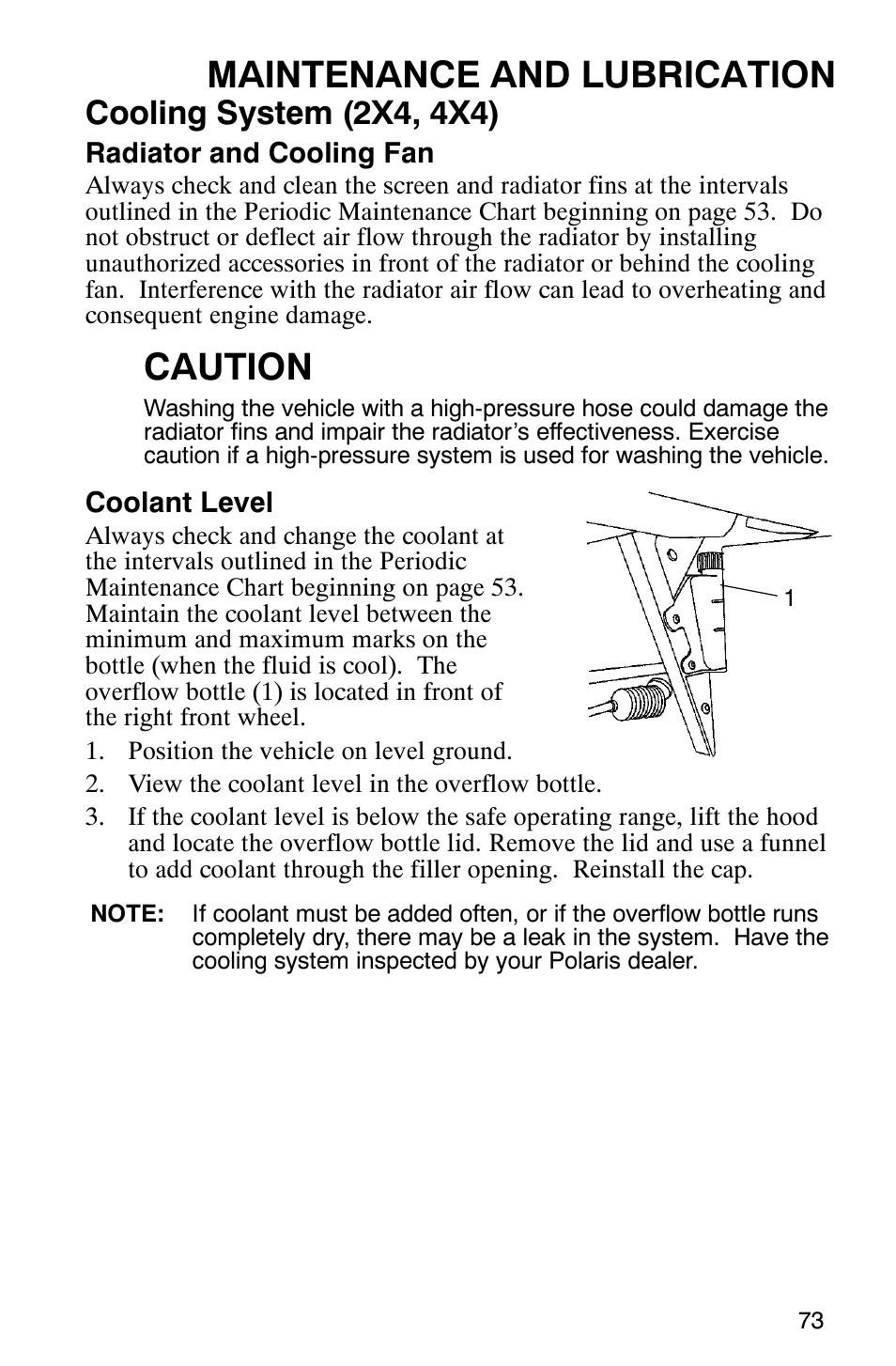 Maintenance and lubrication, Caution, Cooling system (2x4, 4x4) | Polaris 500 2X4 User Manual | Page 76 / 126