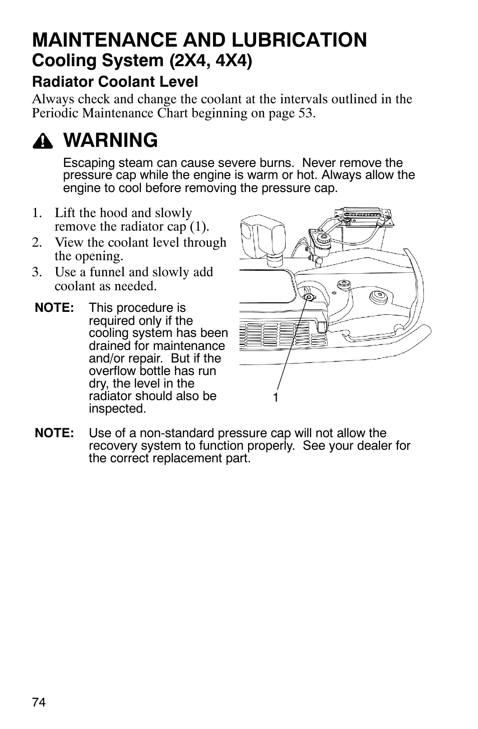 Maintenance and lubrication, Warning, Cooling system (2x4, 4x4) | Polaris 500 2X4 User Manual | Page 77 / 126